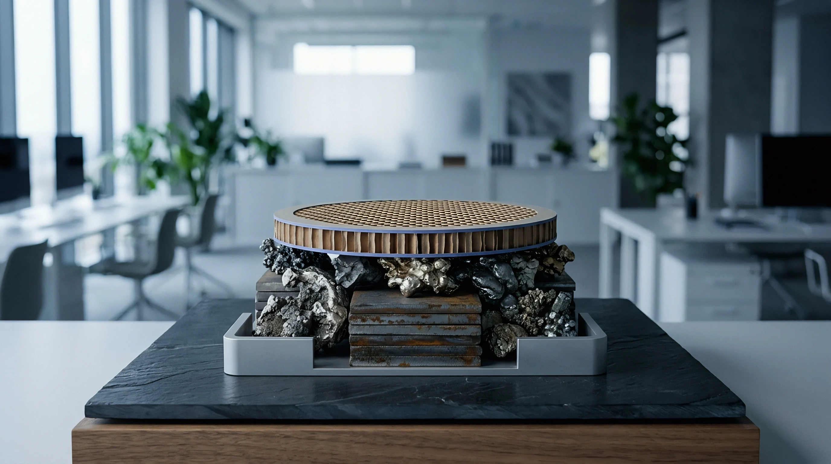 A digital render combines a round honeycomb lattice resting on raw mineral ores and metal plates within a contemporary office setting.