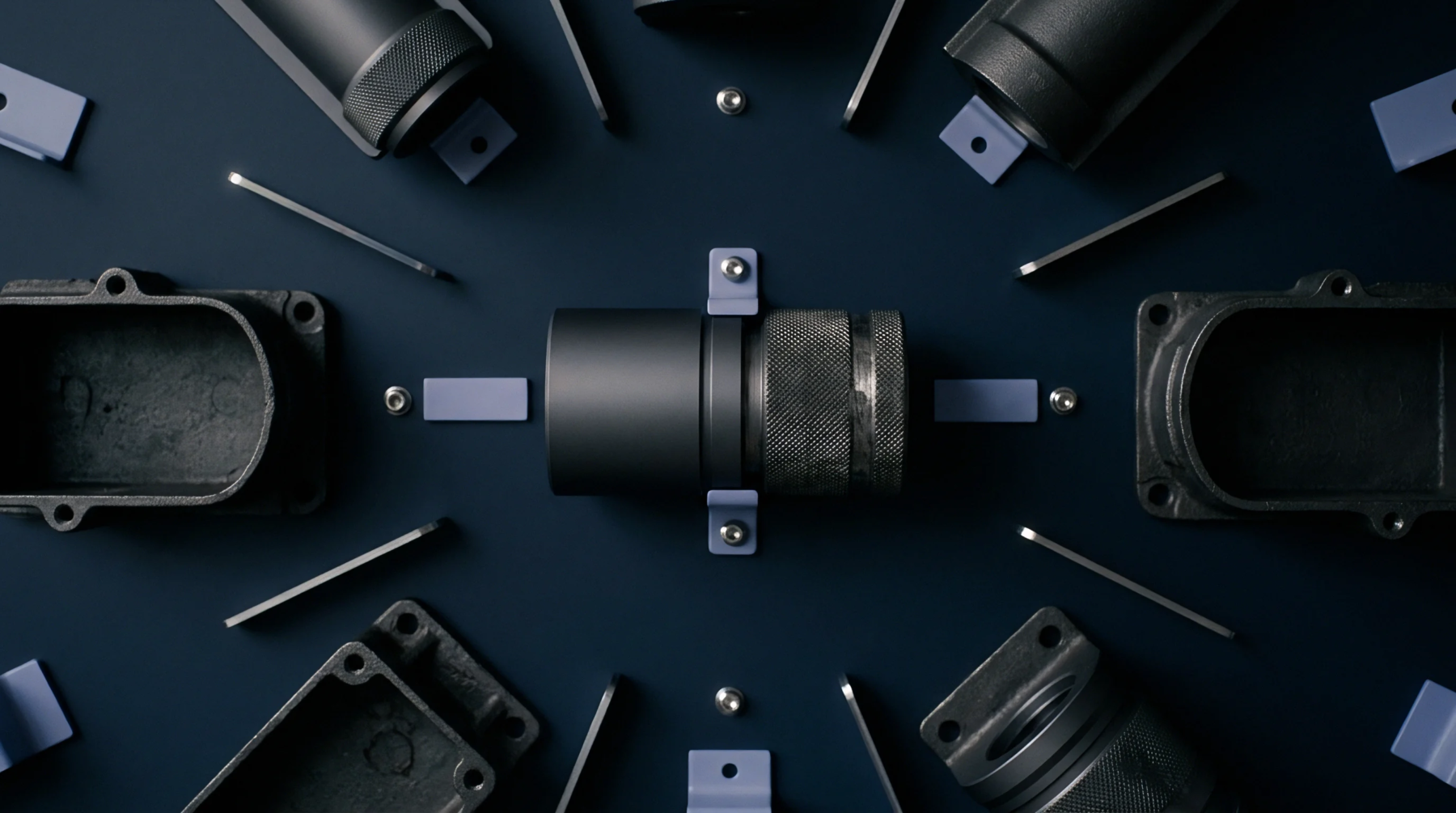Various machined aluminum housings and cylindrical fasteners lie in a symmetrical arrangement on a matte dark blue tabletop.