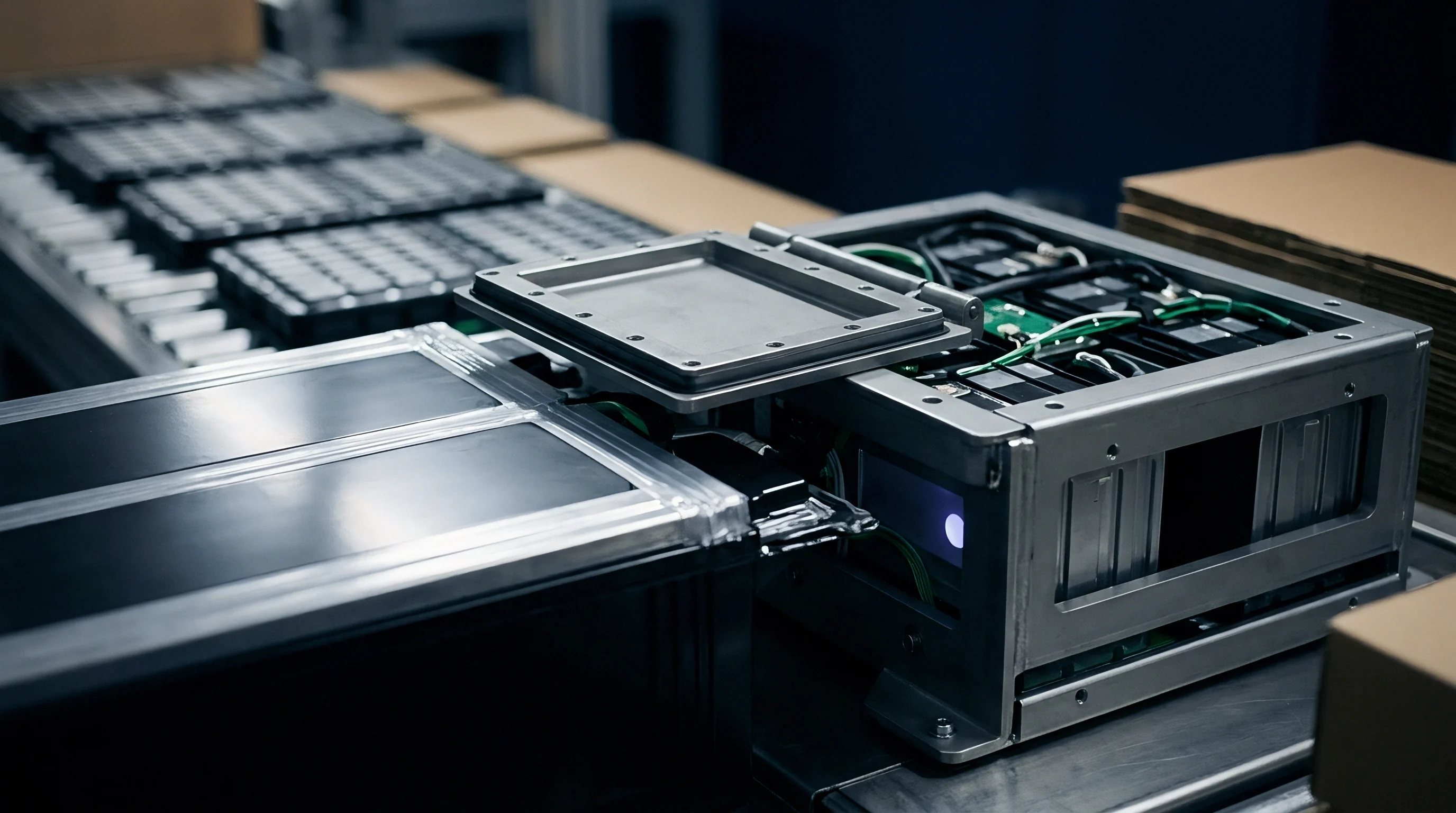 Metal battery module housings progress along a factory conveyor belt during the automated assembly of energy storage systems for electric vehicle power units.