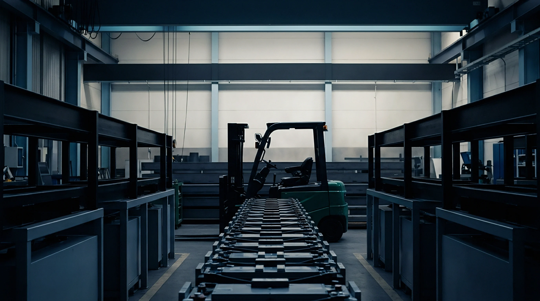 Long rows of metallic modular containers sit in a central aisle of a dimly lit high ceilinged industrial assembly plant.