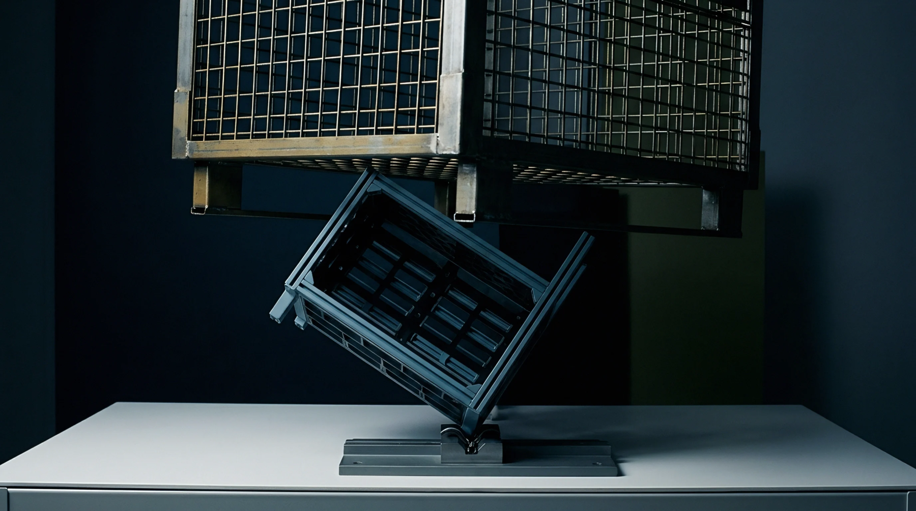 A heavy steel wire mesh container descends toward an angled polymer transport crate secured on a mechanical test fixture.