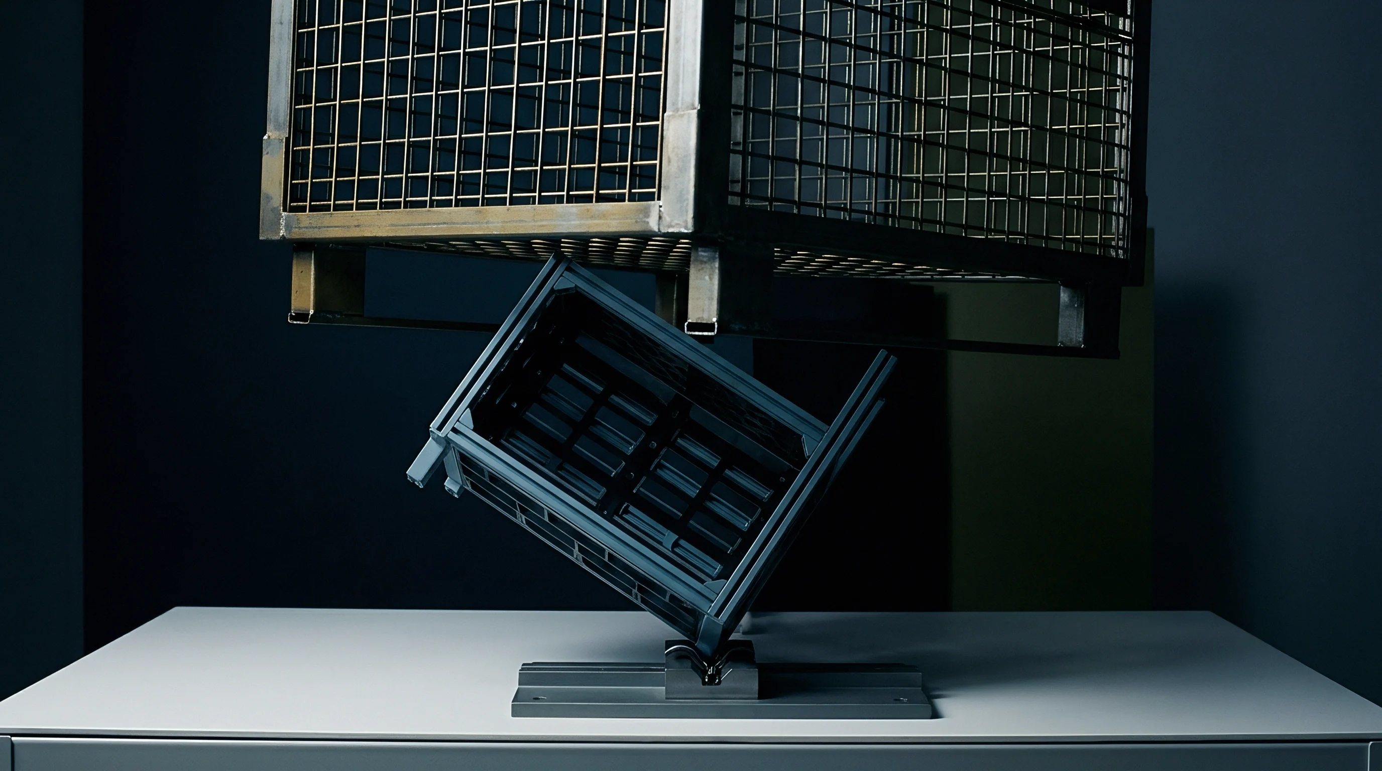 A heavy steel wire mesh container descends toward an angled polymer transport crate secured on a mechanical test fixture.