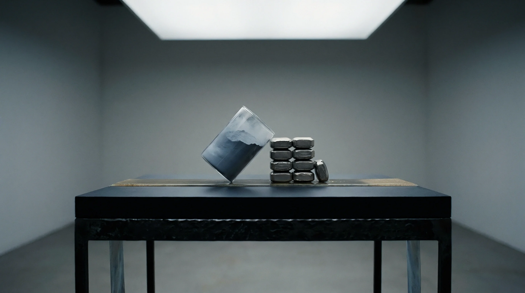 A tilted glass beaker holding grey powder rests beside stacks of rectangular metal blocks upon an industrial table inside a minimal laboratory setting.
