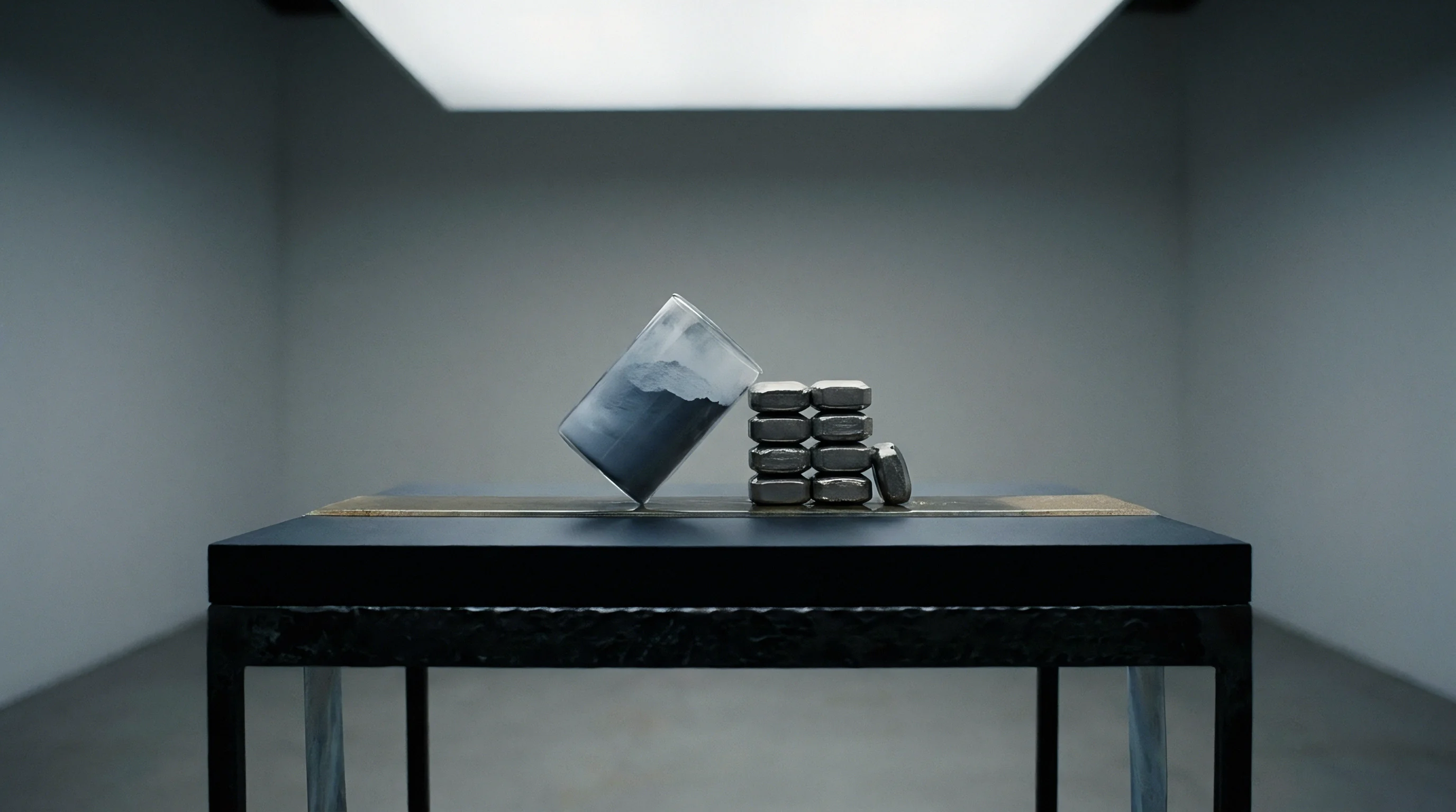A tilted glass beaker holding grey powder rests beside stacks of rectangular metal blocks upon an industrial table inside a minimal laboratory setting.