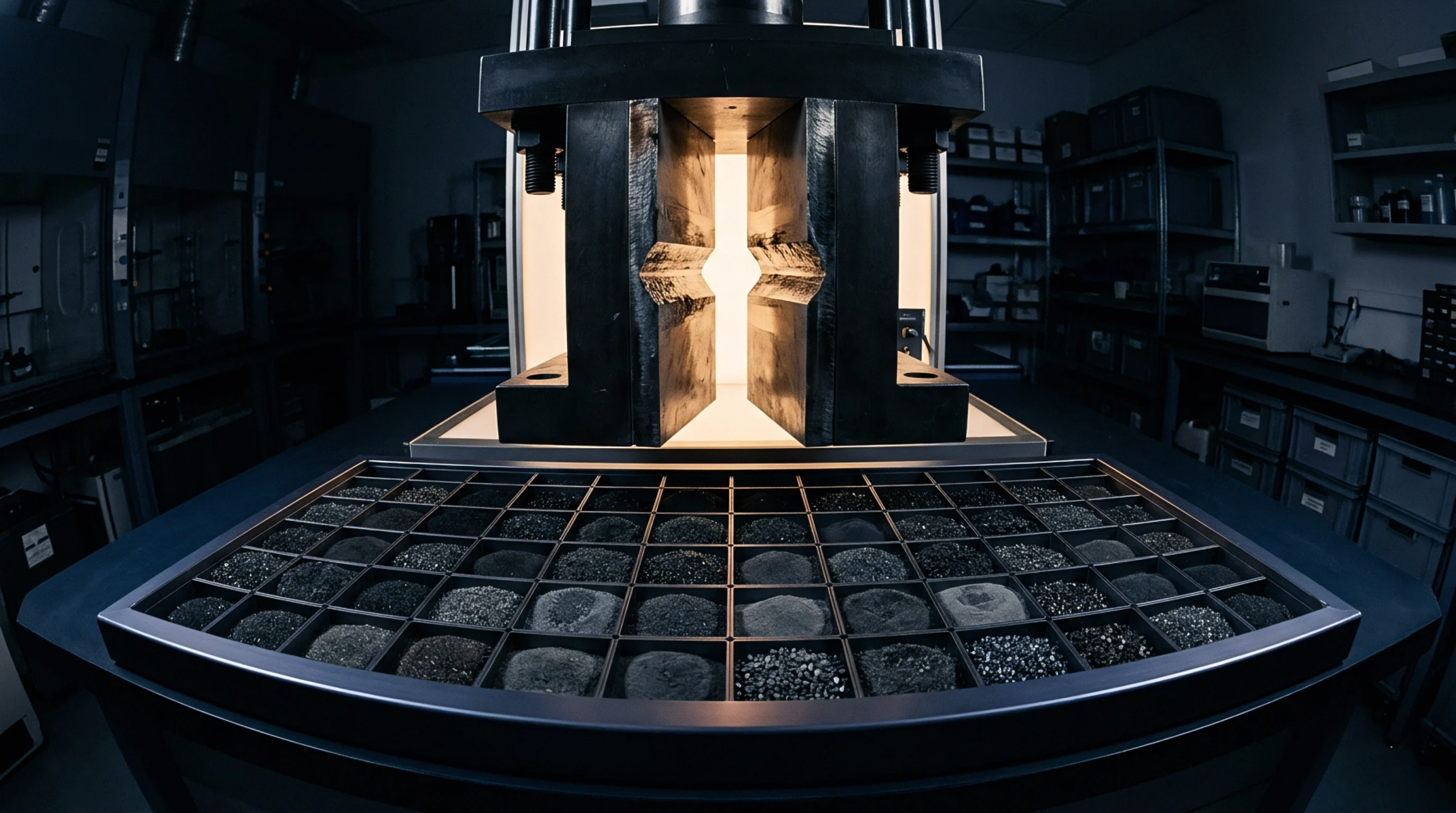 A partitioned grid tray containing dark powdered battery materials sits before a heavy industrial metal press inside a research laboratory.