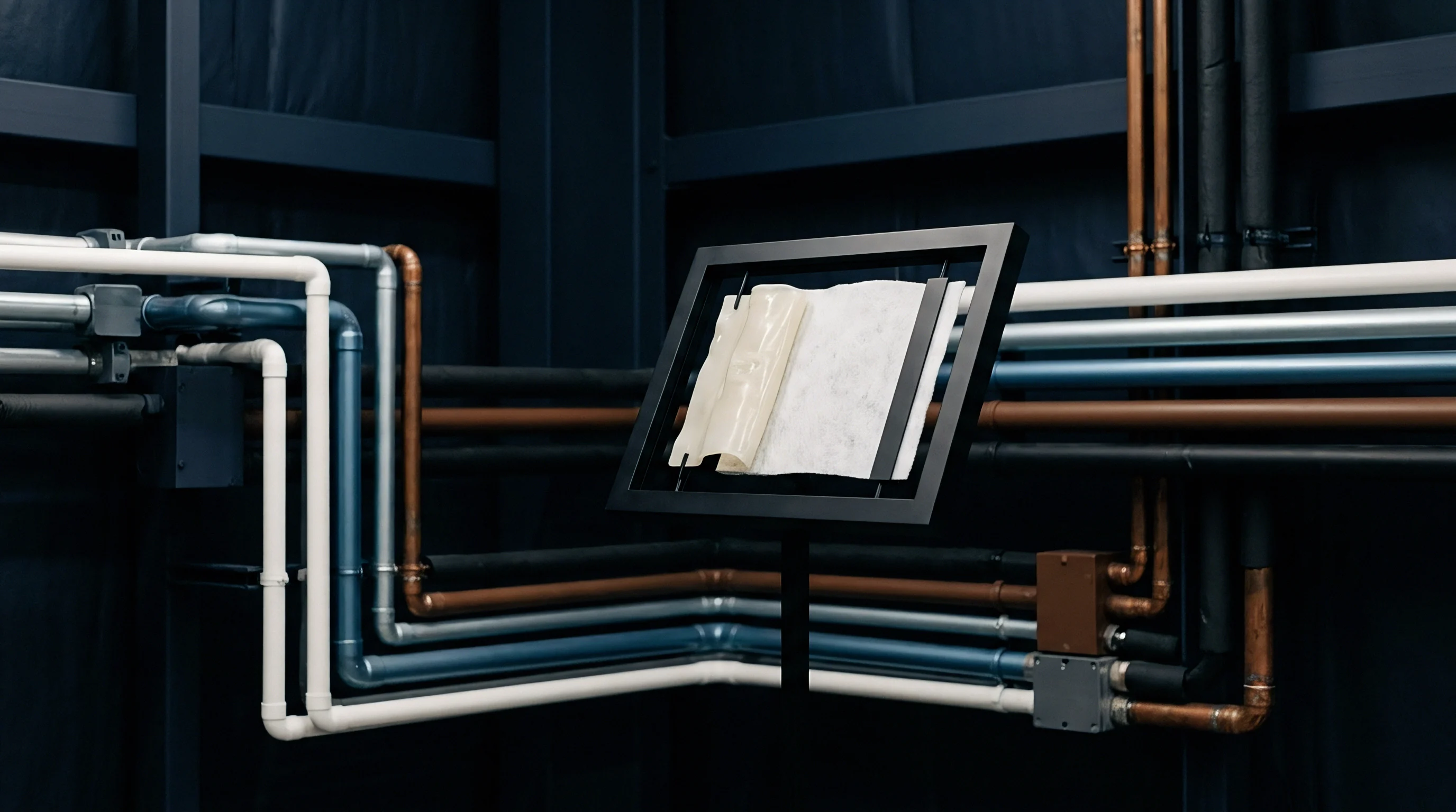 A framed porous polymer separator film sample stands before industrial piping inside a battery manufacturing facility.