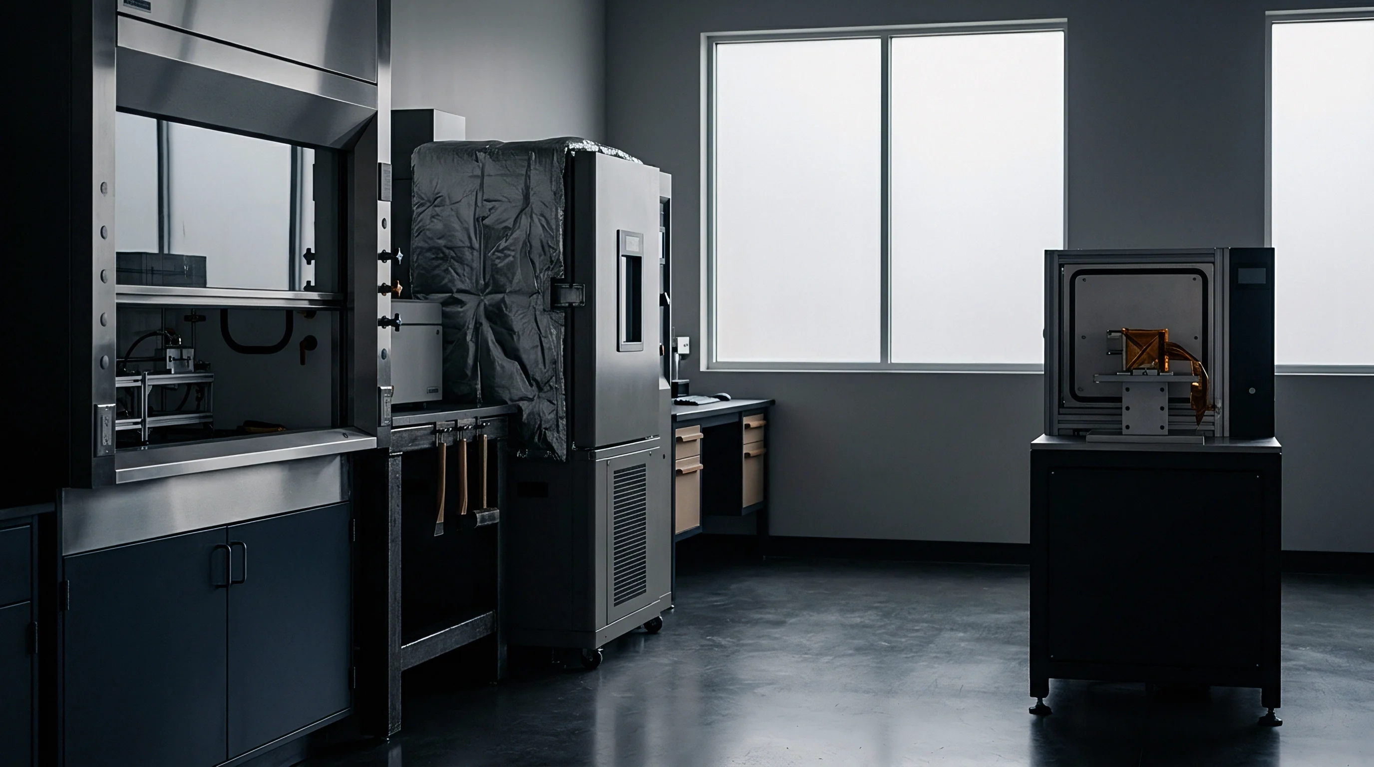 Advanced battery testing equipment and environmental test chambers occupy a specialized research facility with concrete floors and large windows.