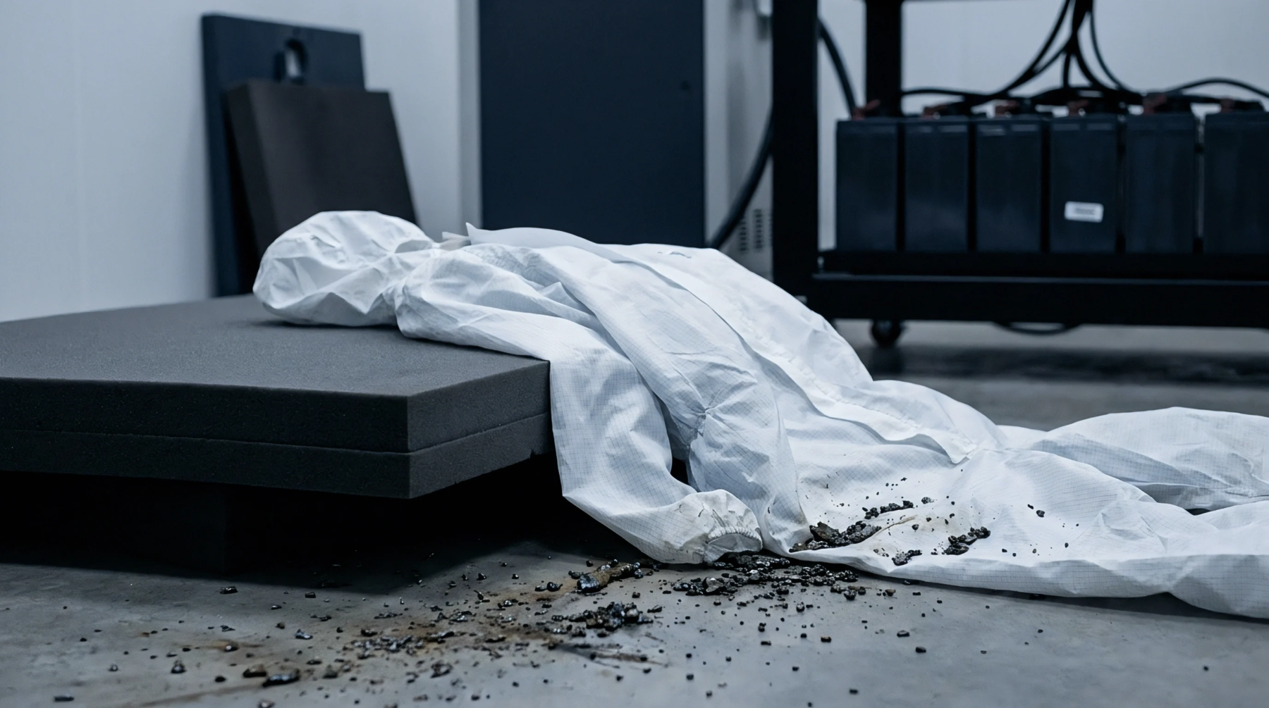 A white protective suit lies prone across a grey foam platform and concrete floor scattered with dark granular battery waste.