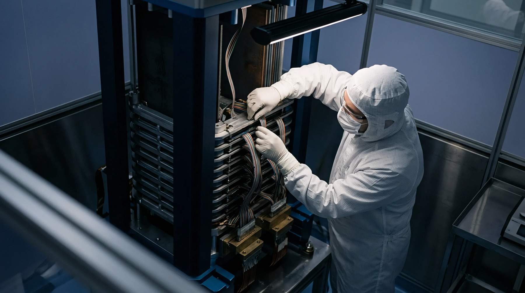 A cleanroom technician wearing protective garments connects internal electrical wiring harnesses inside a large modular energy storage stack.