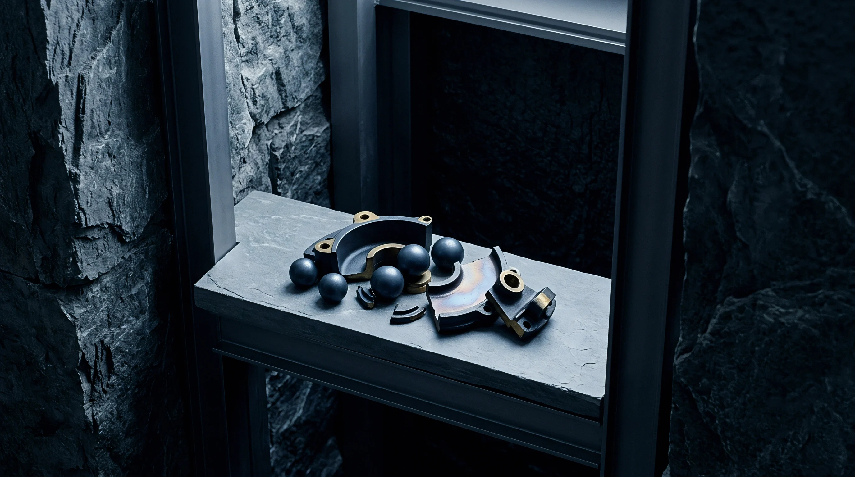 Dark metal bearing components and broken pieces are presented on a slate surface set against a textured stone backdrop.