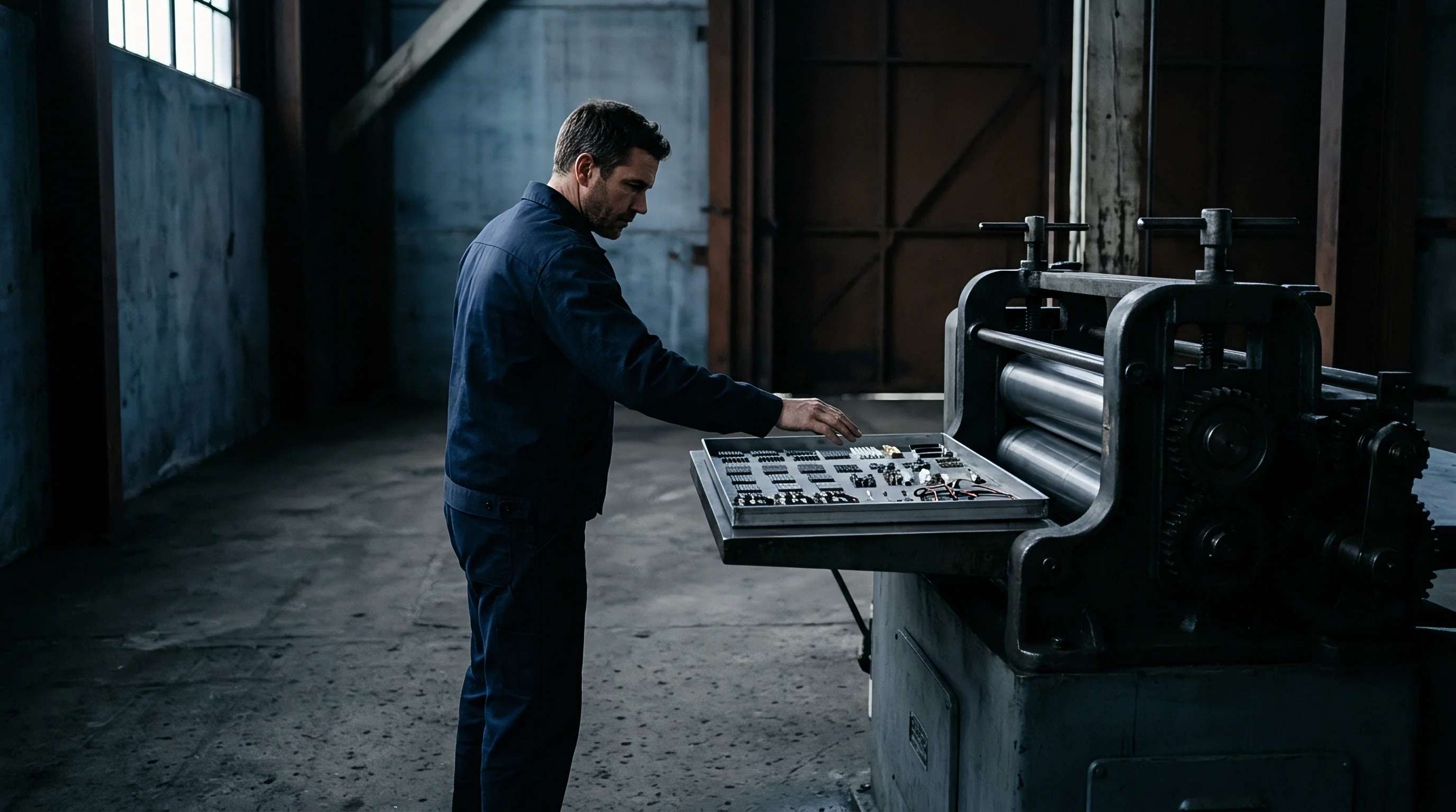 An operator in dark workwear inspects a tray of electronic components beside heavy industrial rolling machinery inside a concrete factory.
