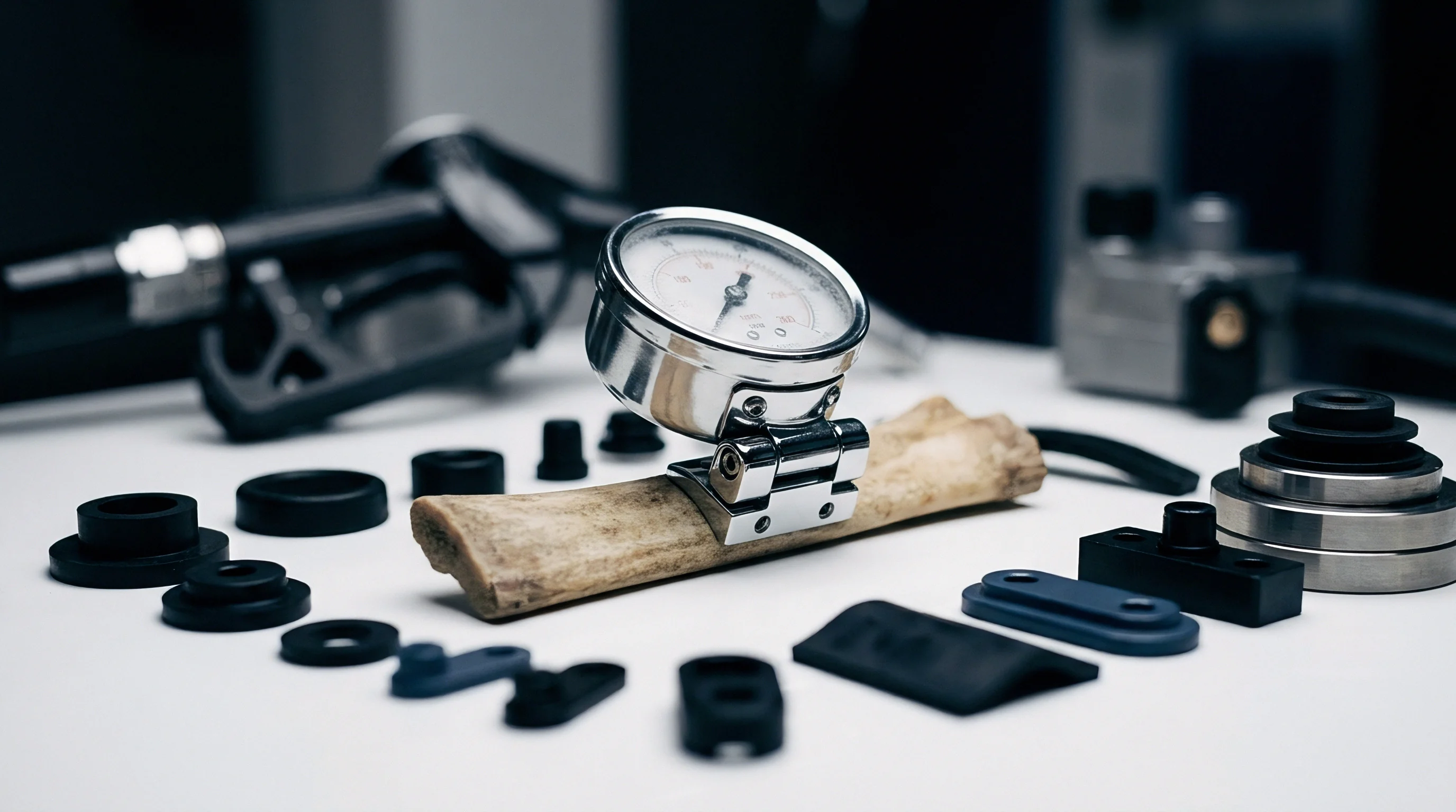 A polished pressure gauge is mounted on a piece of bone, surrounded by various black rubber seals and industrial components on a white surface.