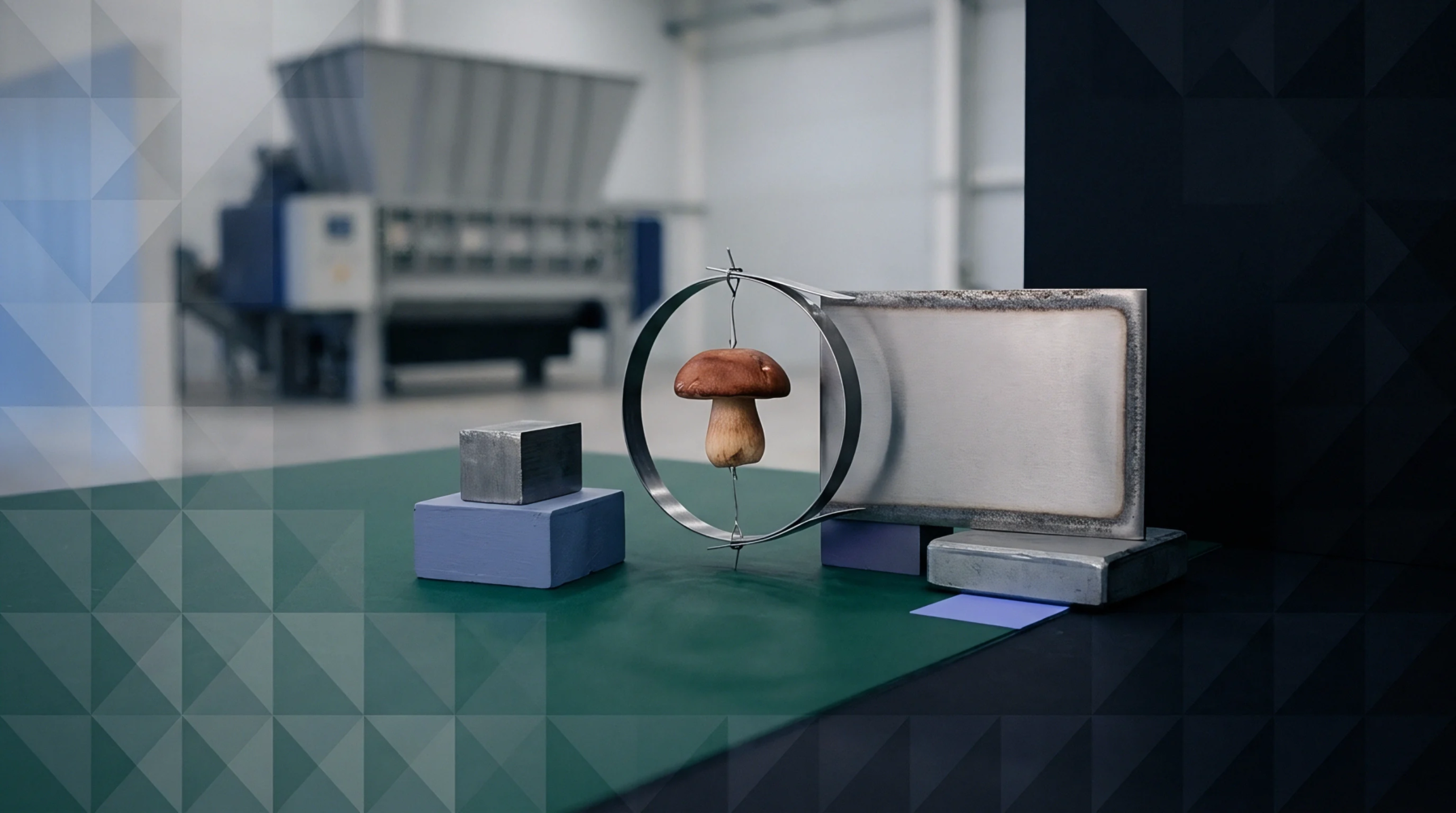 An organic sample hangs inside a metal calibration ring on an assembly bench within an automated recycling plant.