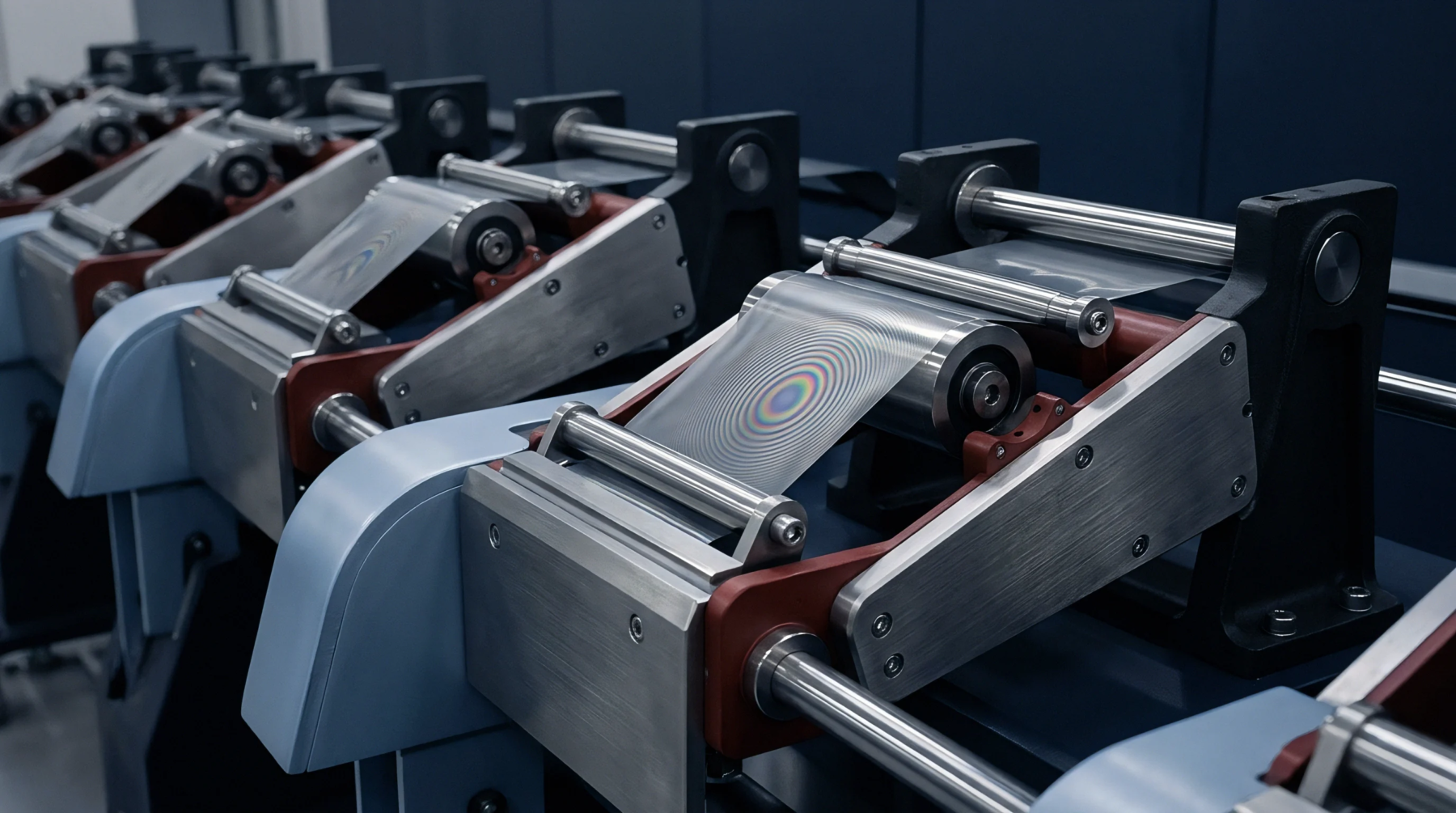 A line of industrial roll-to-roll machines processes continuous metallic sheets with colorful optical patterns across a series of stainless steel cylinders.