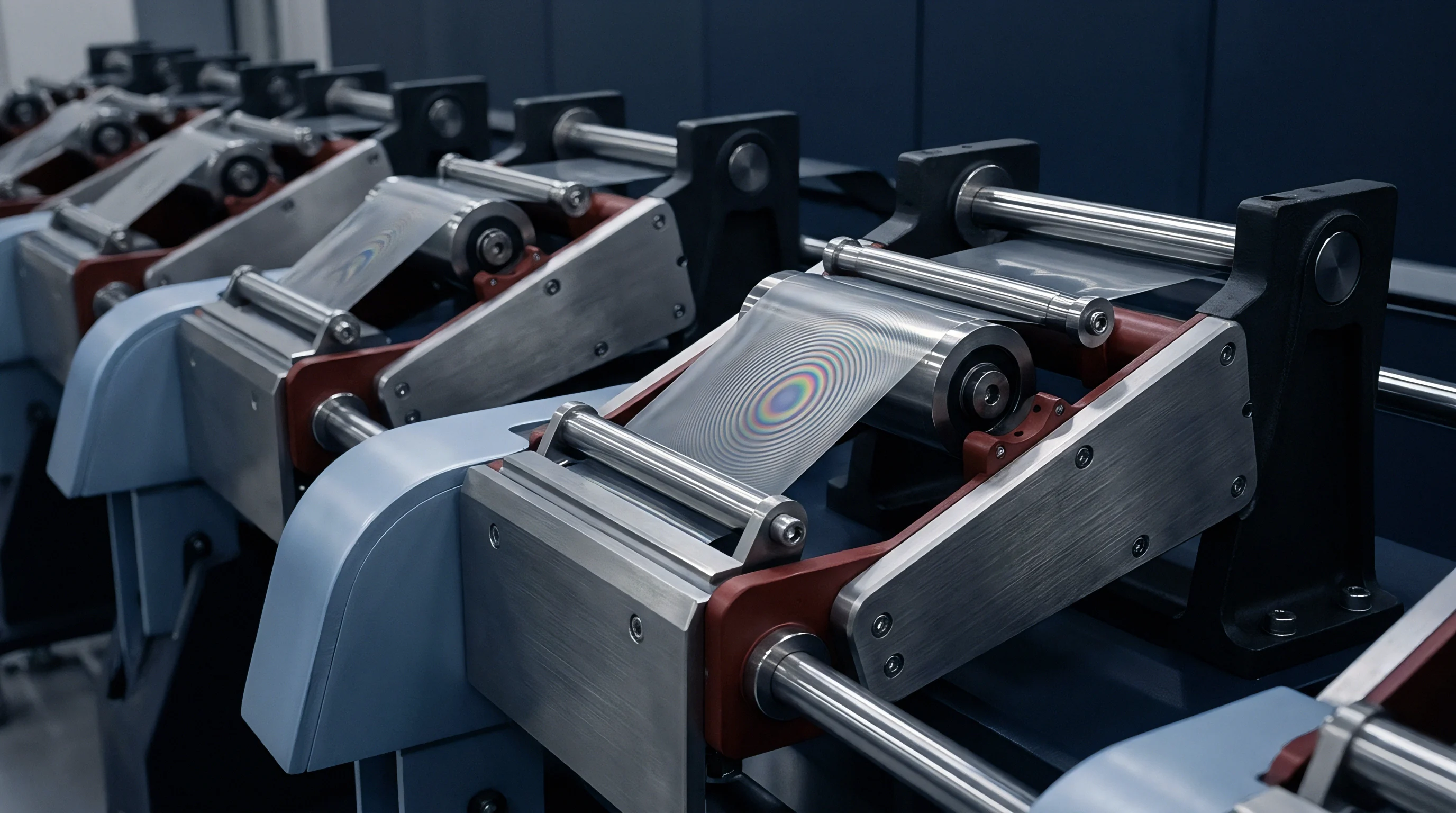 A line of industrial roll-to-roll machines processes continuous metallic sheets with colorful optical patterns across a series of stainless steel cylinders.