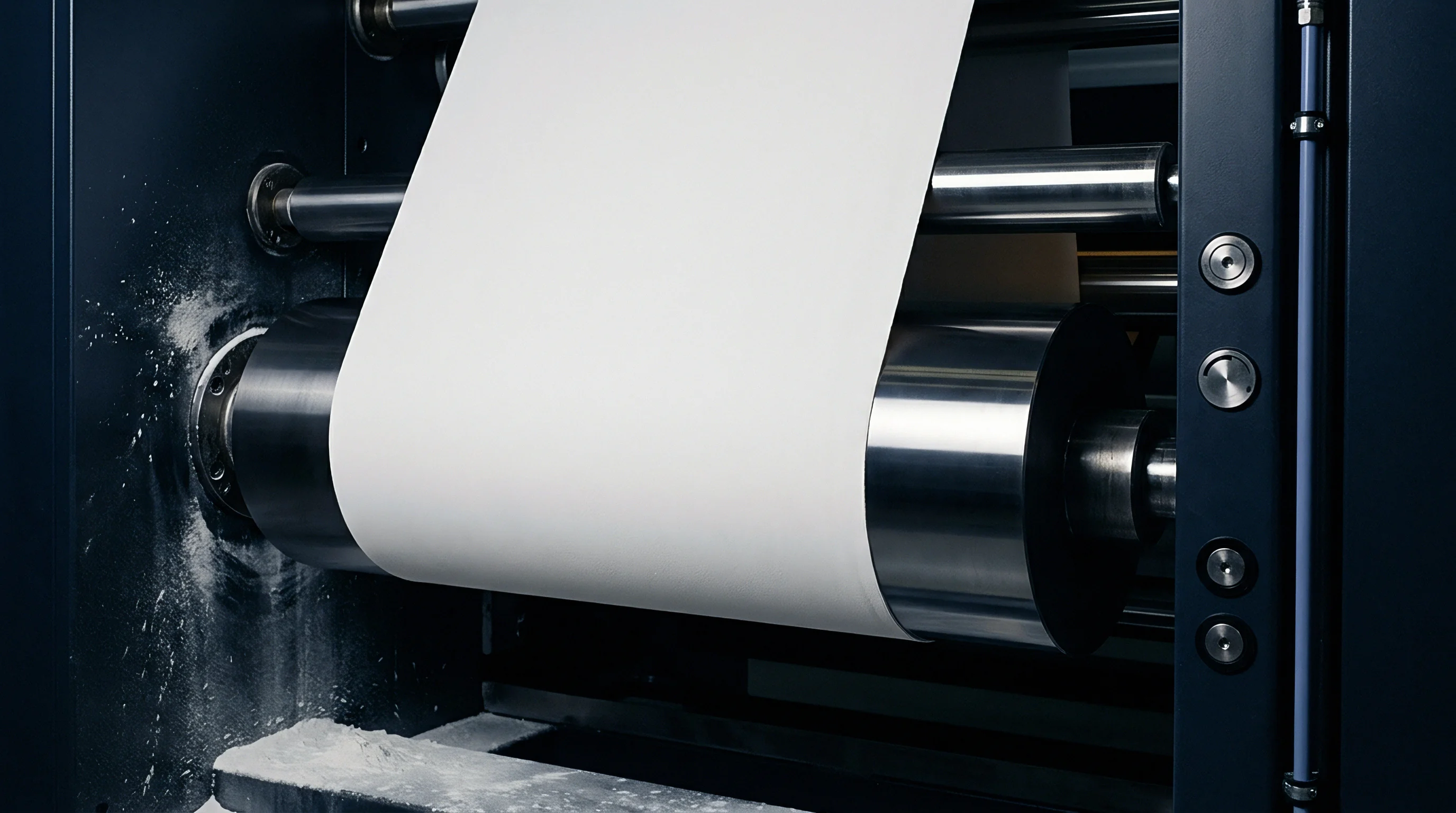 White polymer separator film routes through polished steel guide rollers inside a high precision lithium ion battery manufacturing machine.