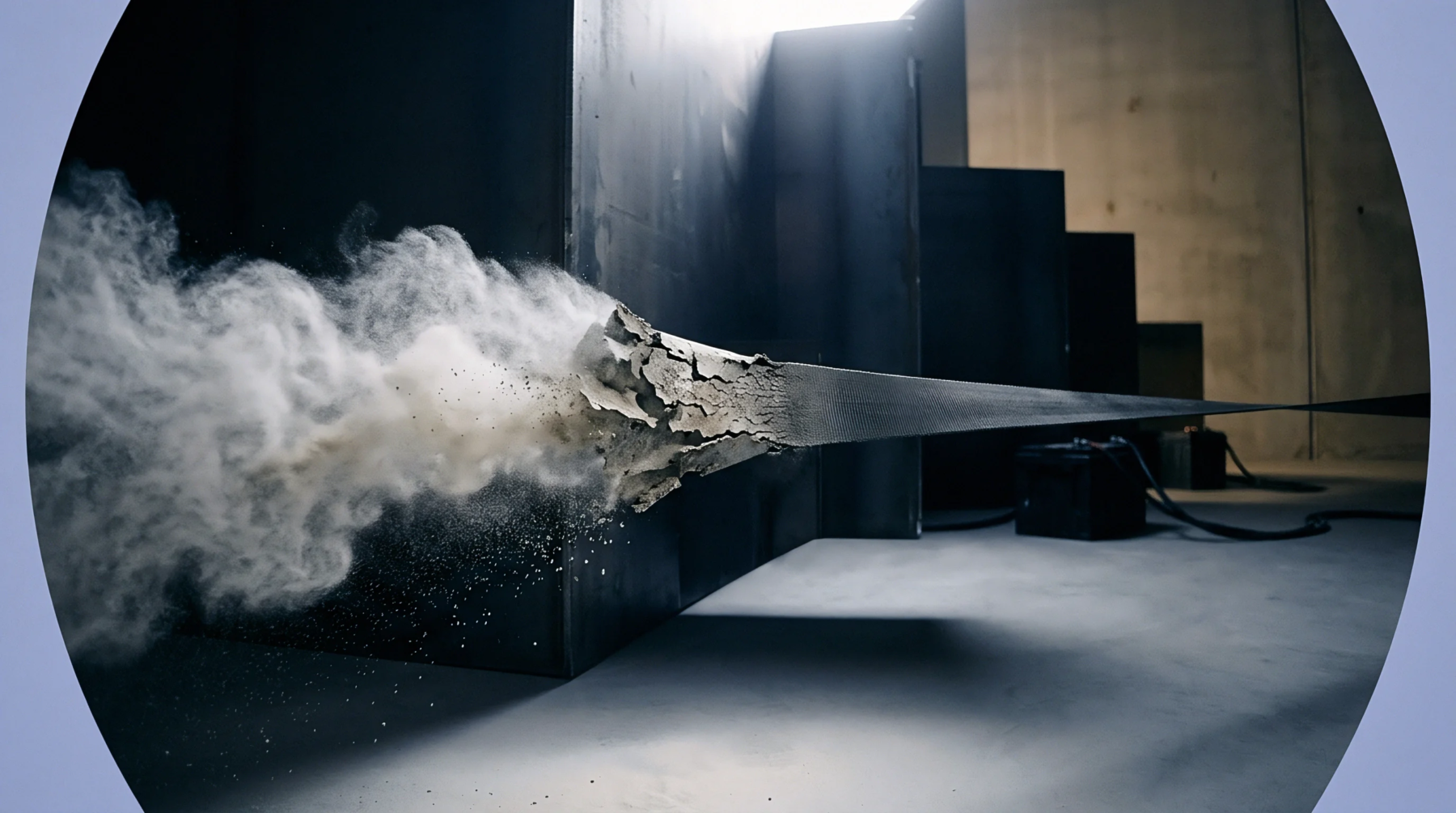 An engineered structure undergoes dynamic testing, releasing a significant plume of fine airborne particles within a controlled dark space.