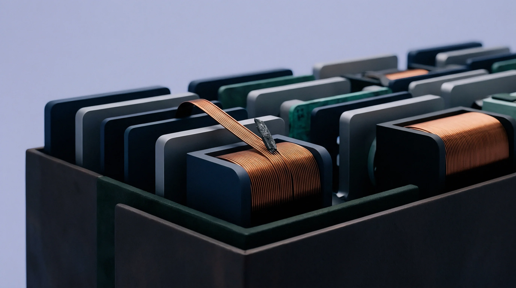 Copper wire coils and metallic separator plates fill a modular battery assembly line during precision cell manufacturing.