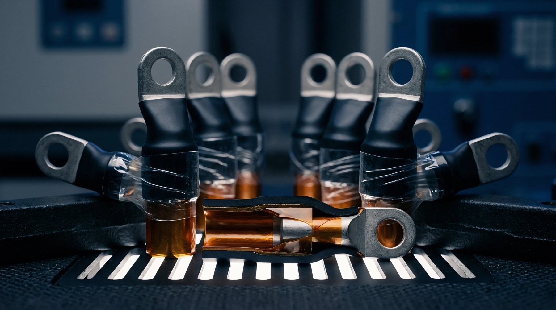 Copper electrical lugs stand on a grated industrial surface with one terminal displayed in cross section to reveal internal wire contact.