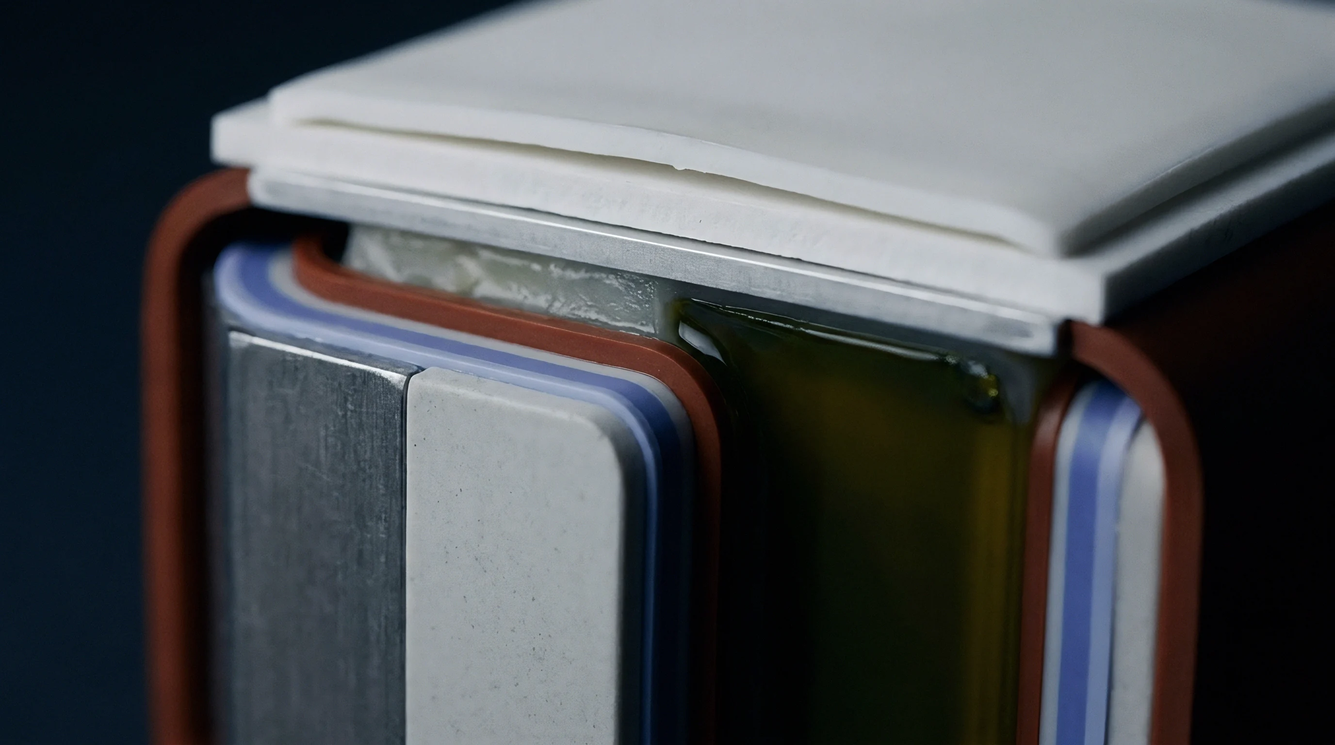 Prismatic battery cell construction exposes stacked internal metal components alongside liquid electrolyte contained within a protective housing.