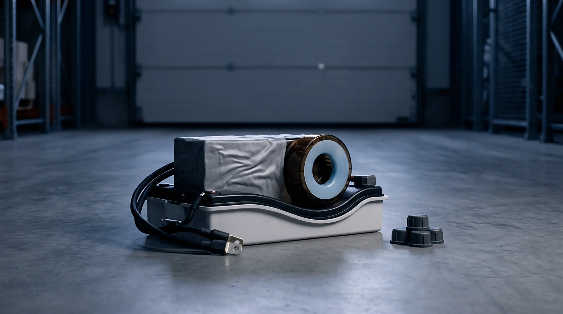 A digital render displays a prototype energy storage assembly with heavy cables and a glowing toroidal inductor positioned on a factory floor.