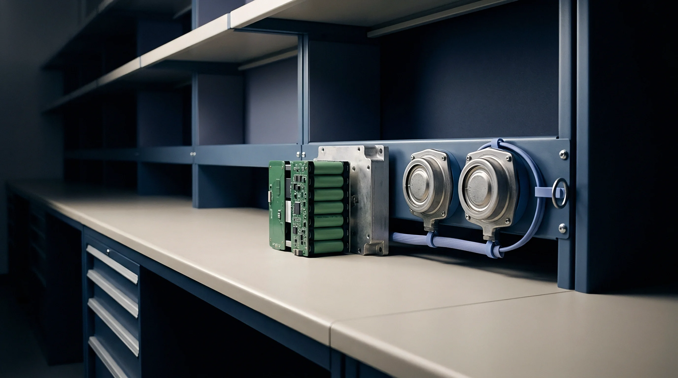 Cylindrical battery cells integrated with a circuit board assembly and mounted diagnostic components rest on a workshop desk.