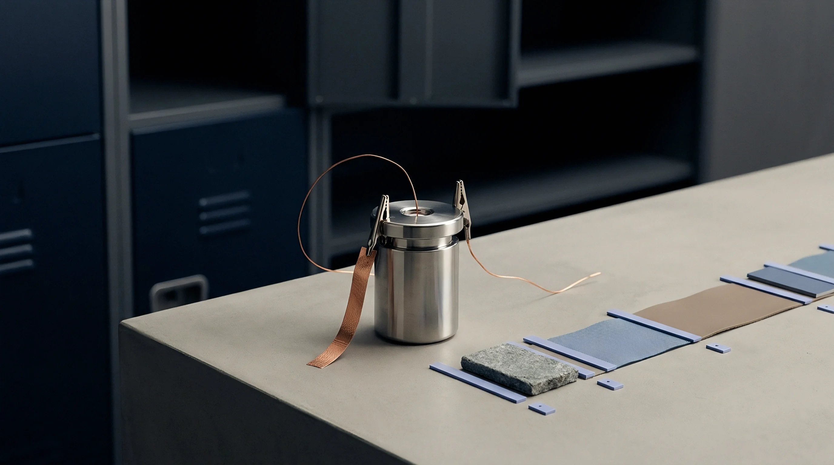 A stainless steel cylindrical test cell with attached copper wiring rests beside arranged material test specimens on a laboratory workbench.