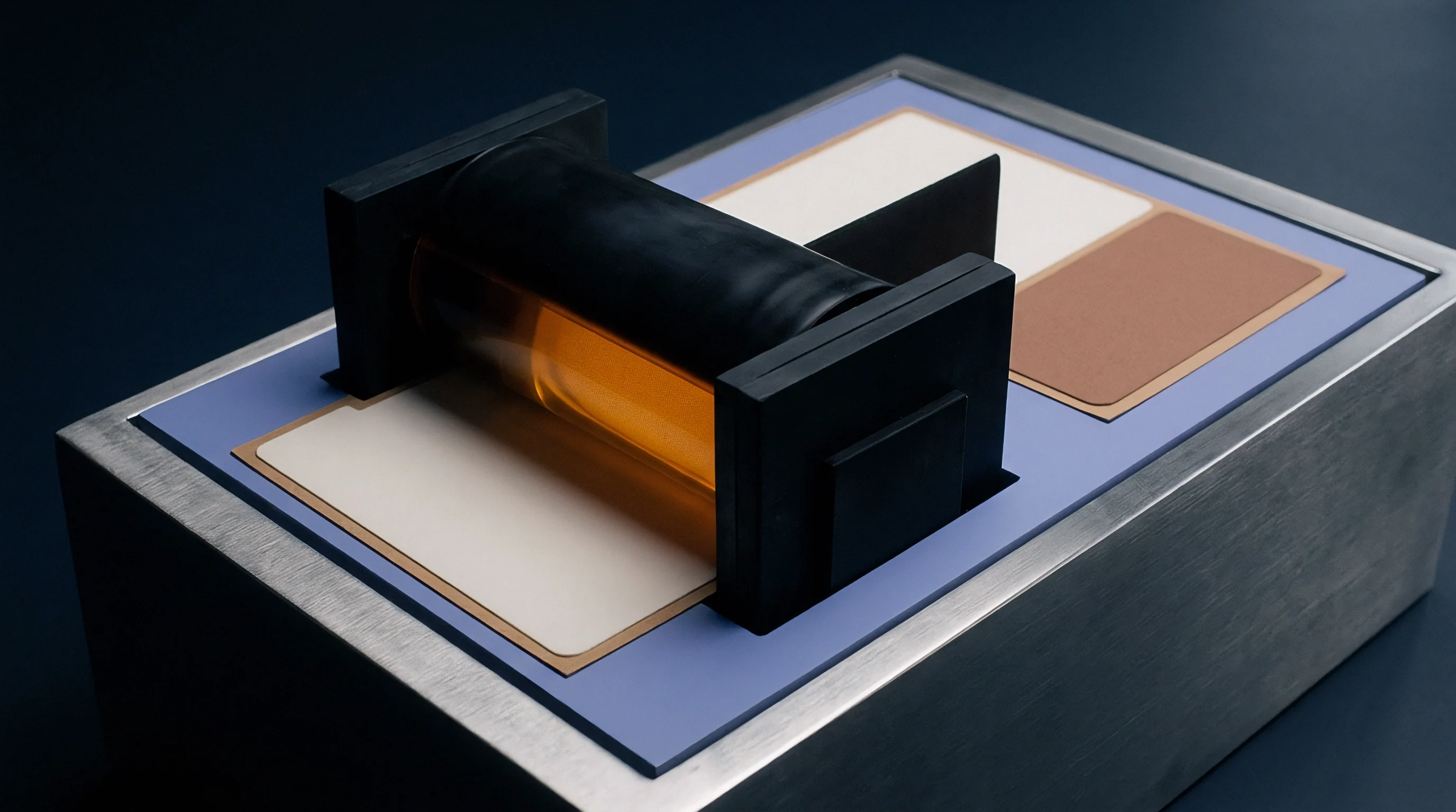 A 3D render presents a horizontal amber liquid filled cylindrical test cell secured within a metal assembly base.