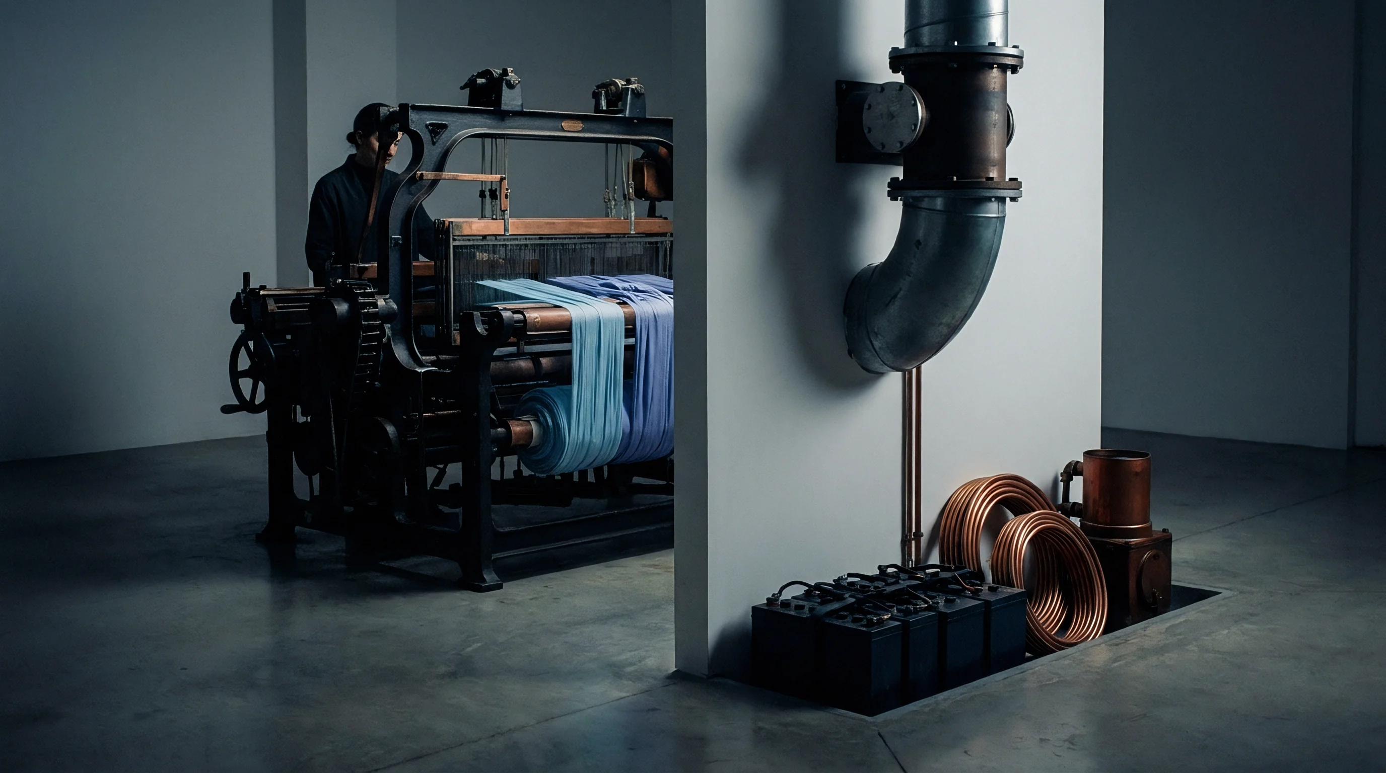 An industrial loom processes woven textiles next to a modular bank of lead acid batteries set inside a modern factory concrete floor.