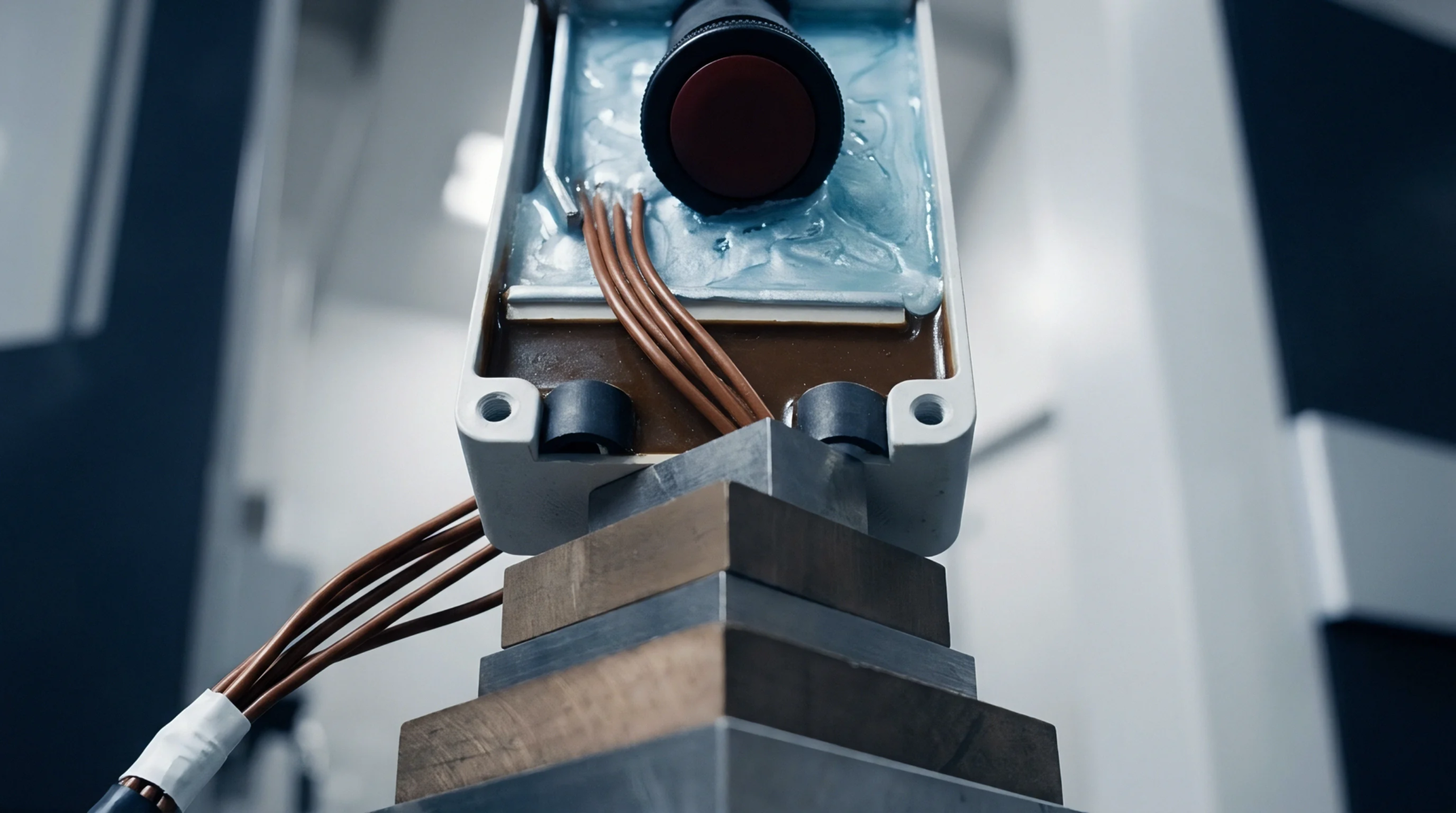 A resin filled electrical enclosure undergoes mechanical compression testing on stacked metallic blocks within an energy testing laboratory.