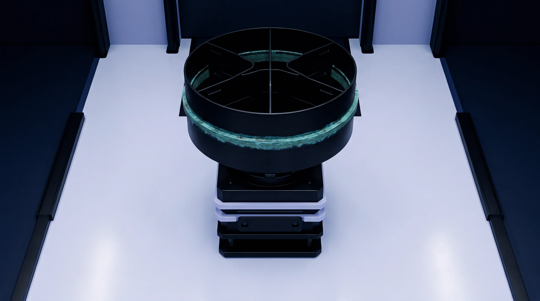 A digital render shows a segmented polymer battery assembly fixture mounted on a robotic pedestal inside a controlled manufacturing laboratory.