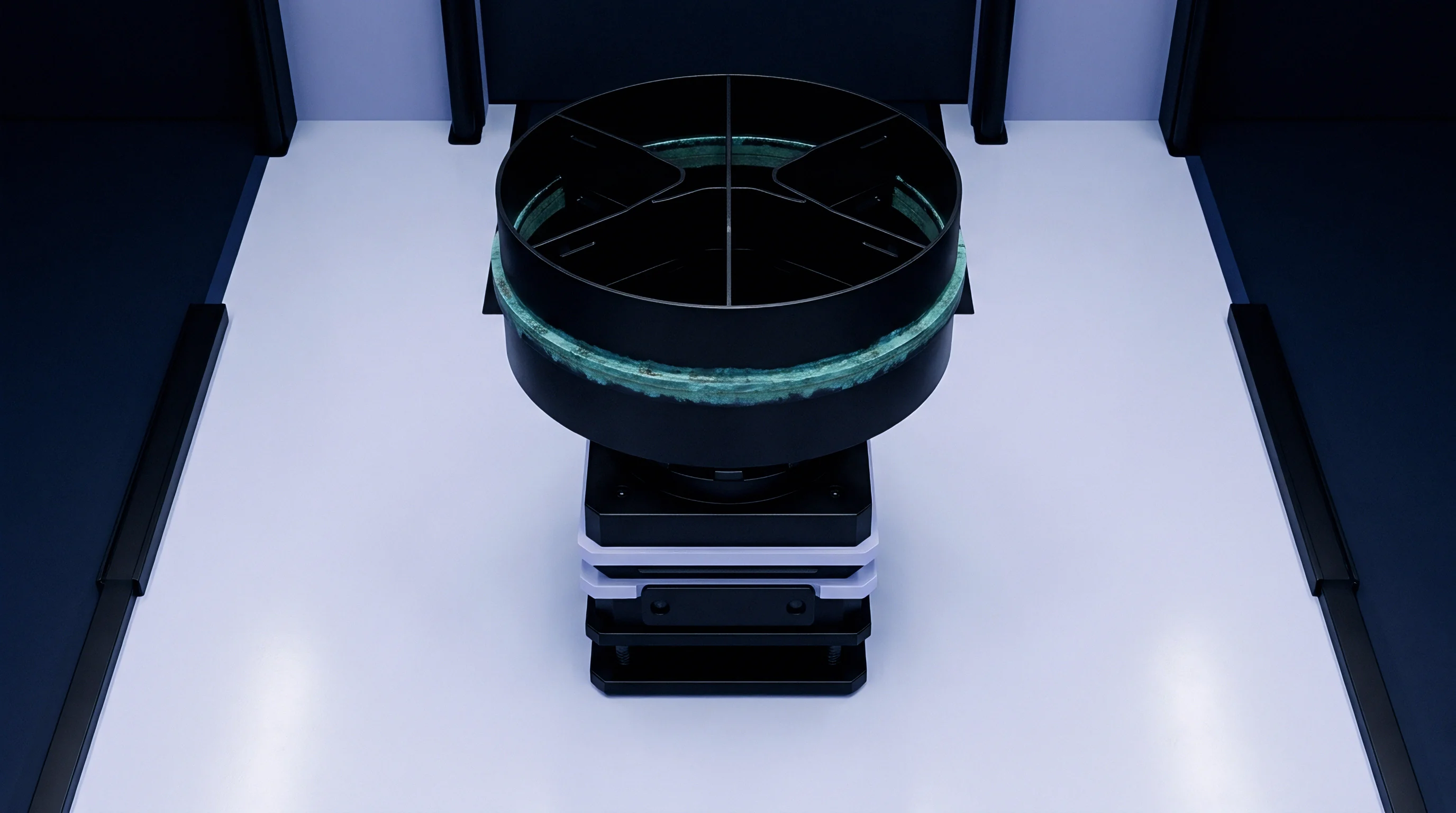 A digital render shows a segmented polymer battery assembly fixture mounted on a robotic pedestal inside a controlled manufacturing laboratory.