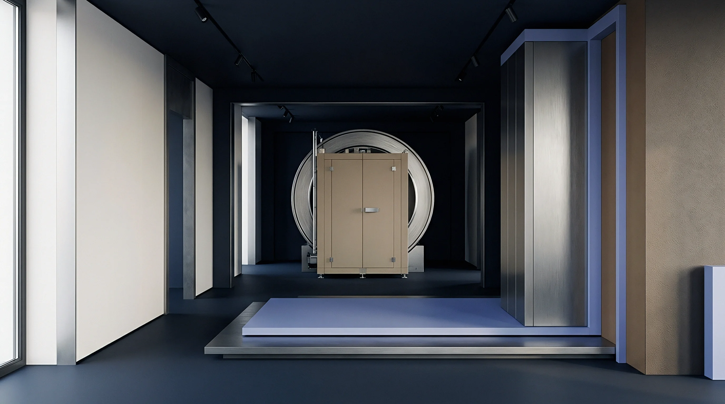 A digital render displays an industrial energy storage testing chamber positioned inside a dark metallic production vault with overhead lighting.