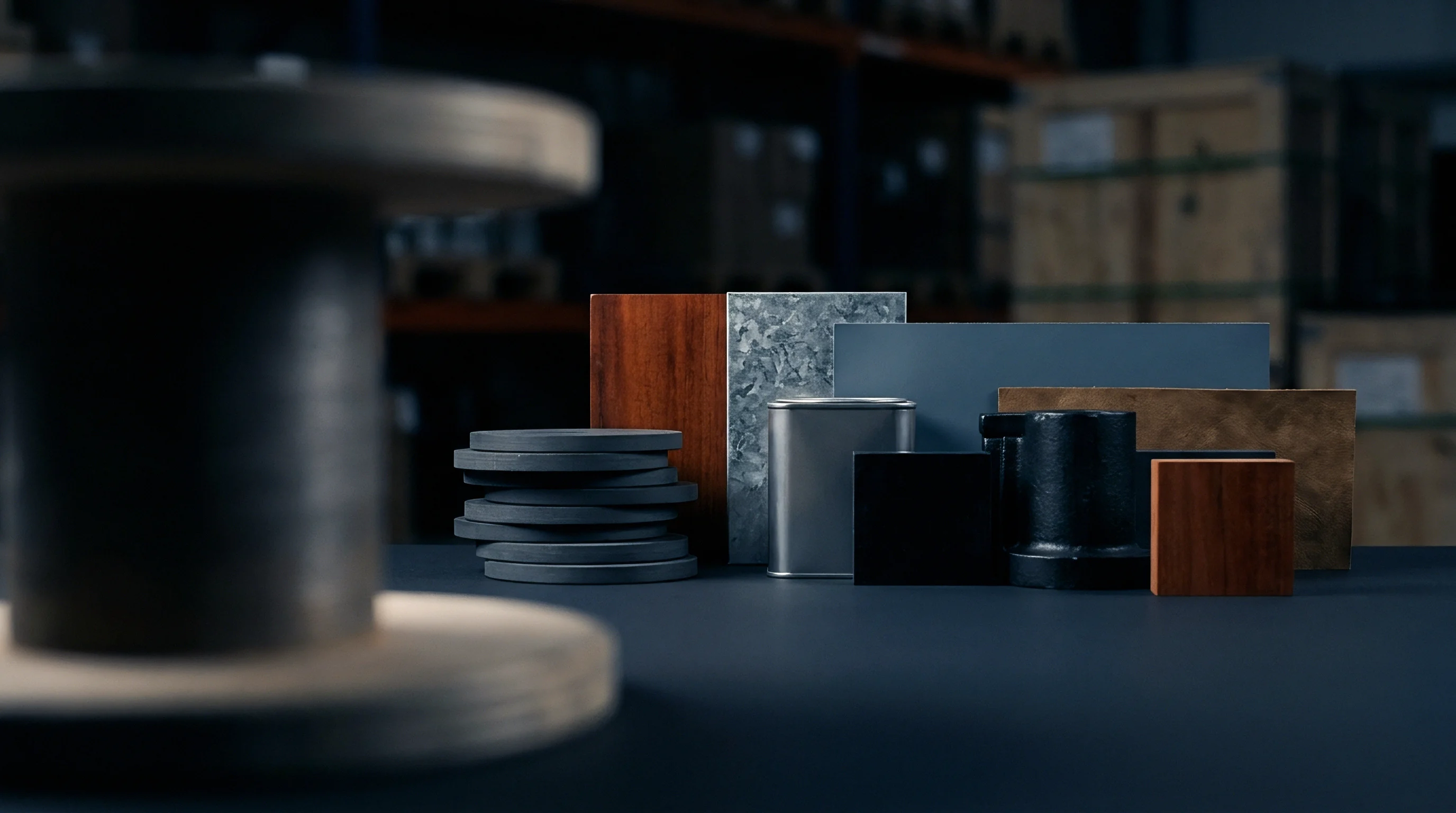 A collection of diverse industrial material samples and manufactured components are arranged on a dark surface within a warehouse setting.