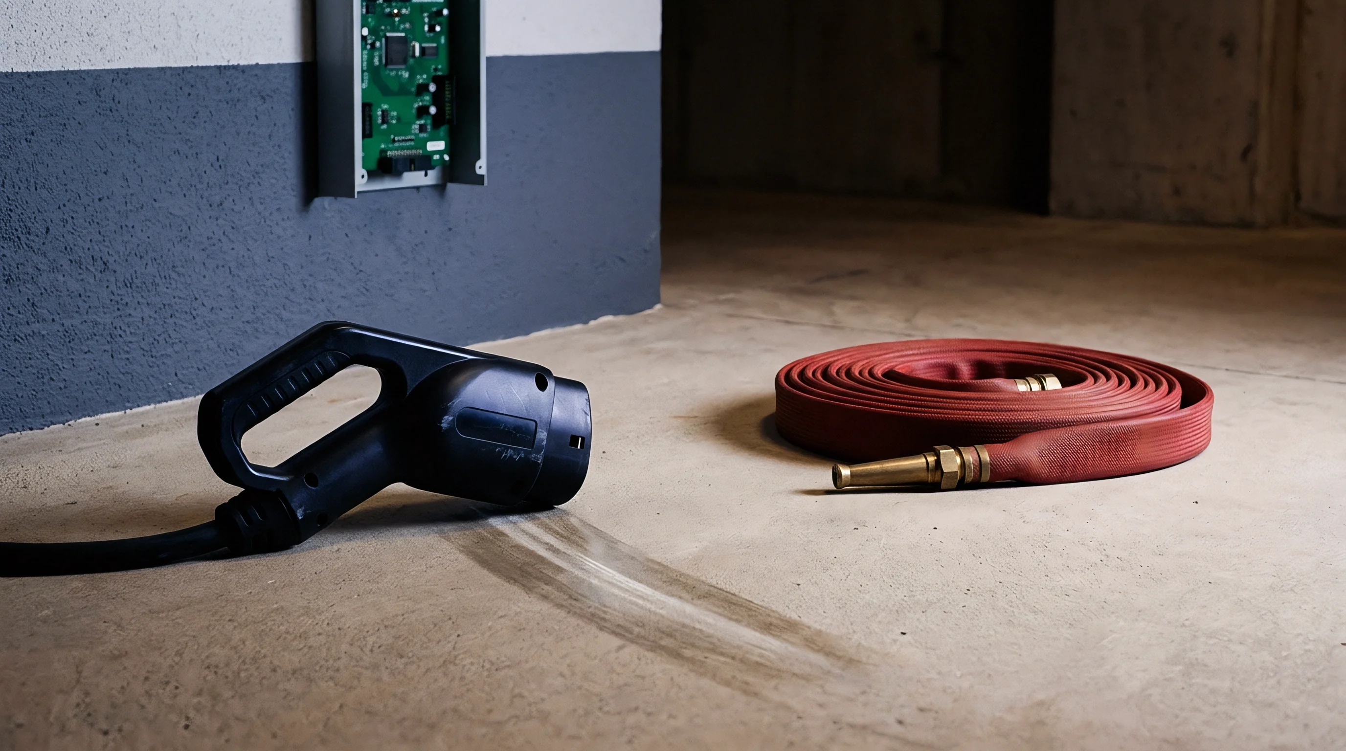 A heavy duty electric vehicle charging plug rests on a concrete floor adjacent to a rolled red fire suppression hose.