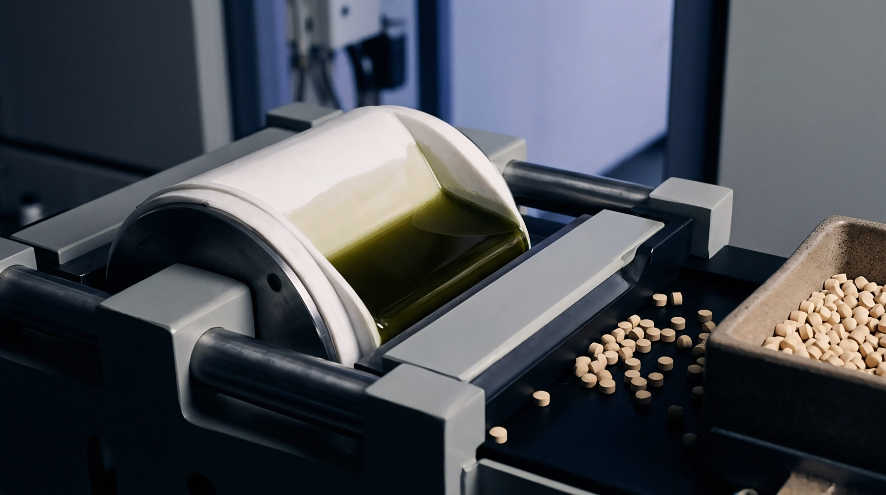 Precision machinery applies a viscous green slurry across a rotating ceramic cylinder while dry precursor pellets advance along an adjacent assembly line.
