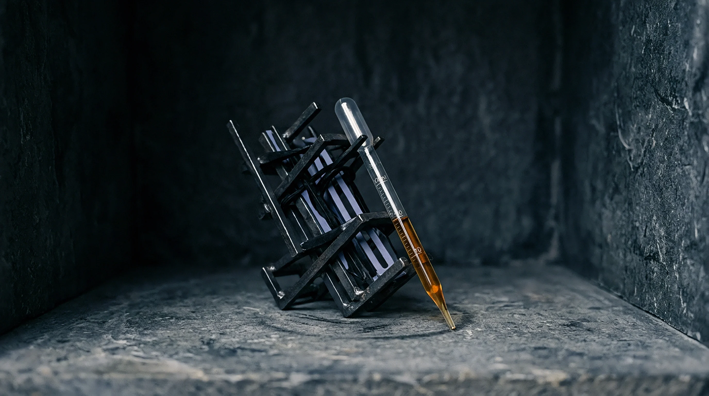 A glass laboratory pipette dispenses amber electrolyte solution onto a dark metallic porous electrode lattice resting inside a stone testing chamber.