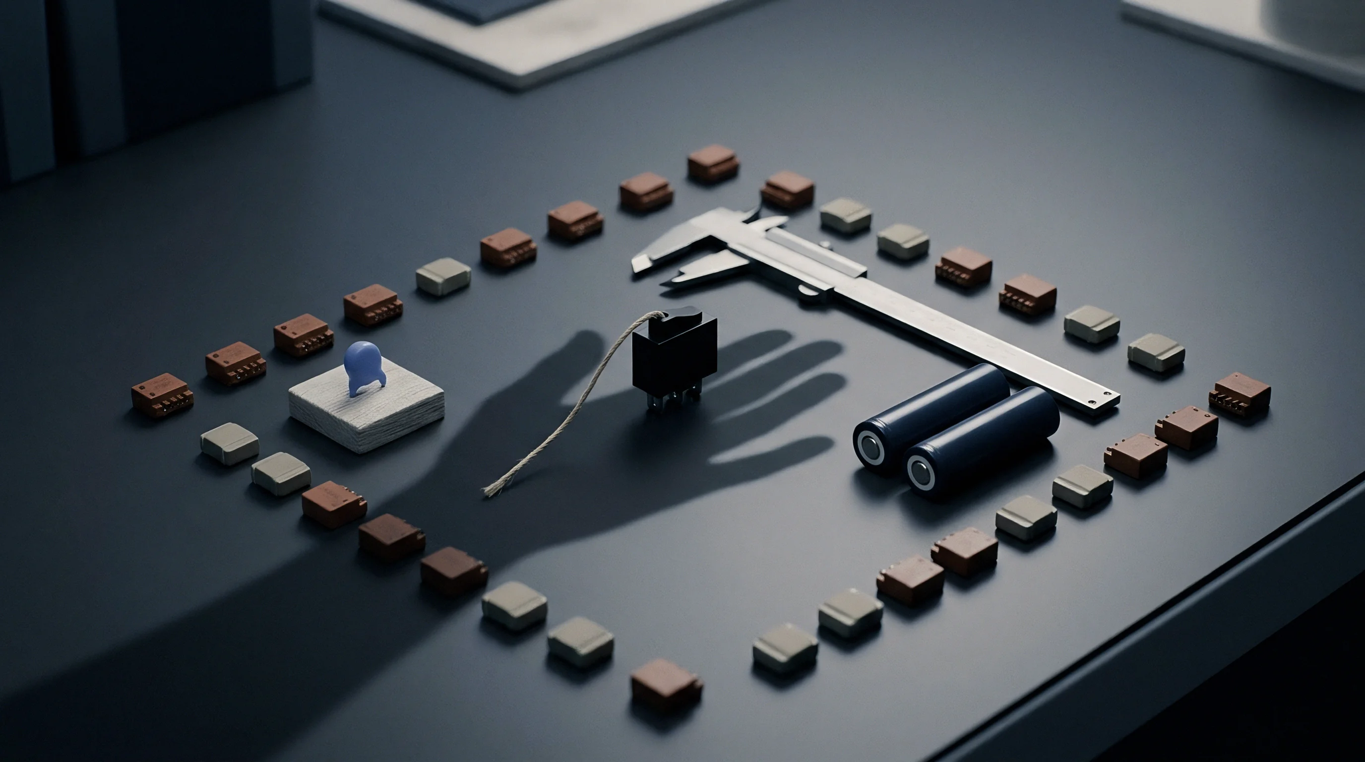 Two cylindrical power cells and a metal caliper occupy the center of an electronic component grid laid out on a dark table.