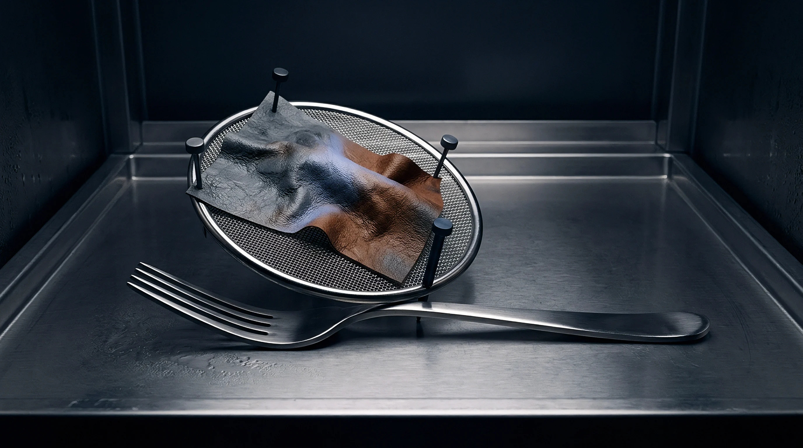 A flexible dual-surface material film is positioned on a metal mesh sieve inside a sterile, brushed stainless steel laboratory tray.
