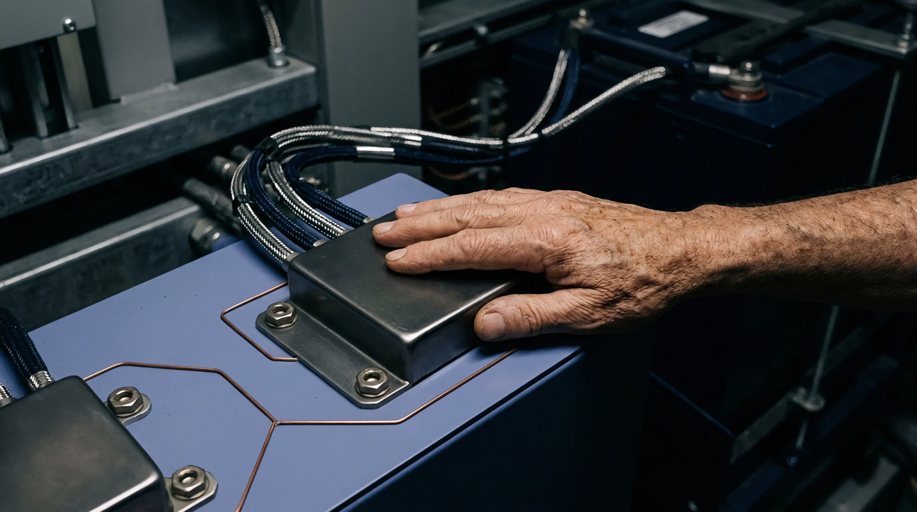 An aged hand rests on a metallic terminal cover connected to braided wiring atop a blue industrial battery storage module housing.