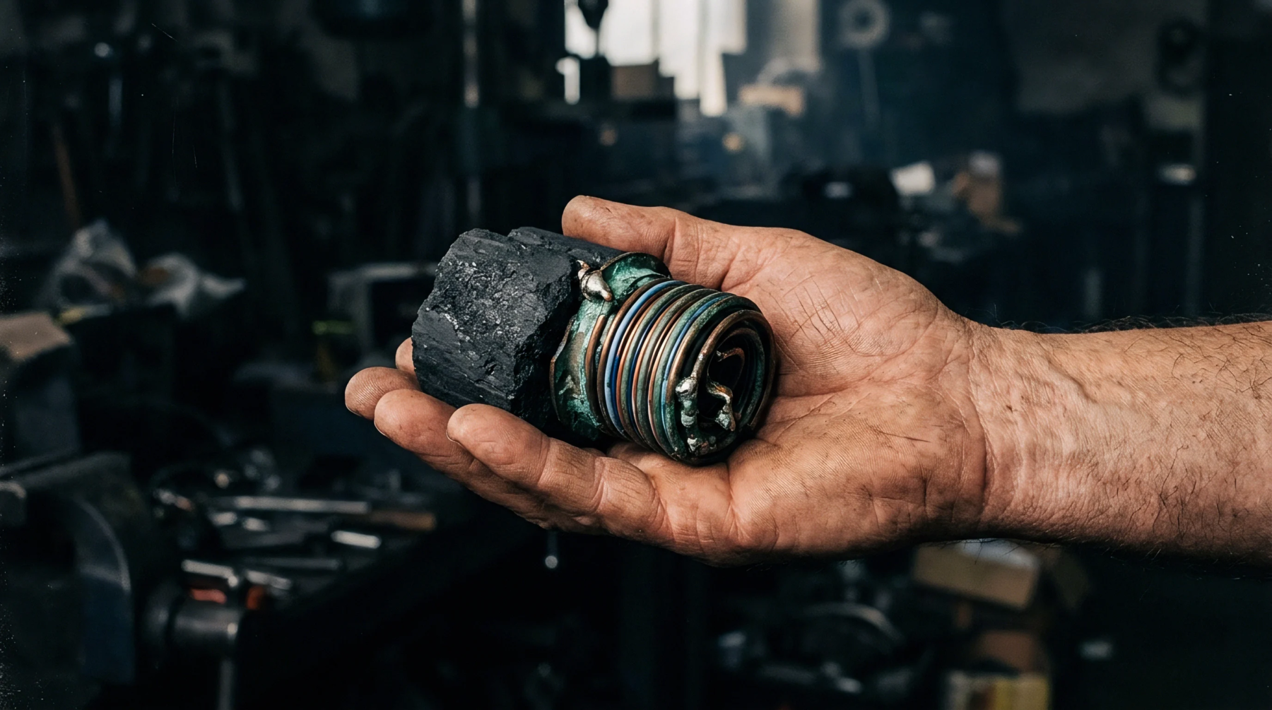 An industrial worker holds a prototype battery electrode made of copper wire coiled around a carbon block in a workshop setting.