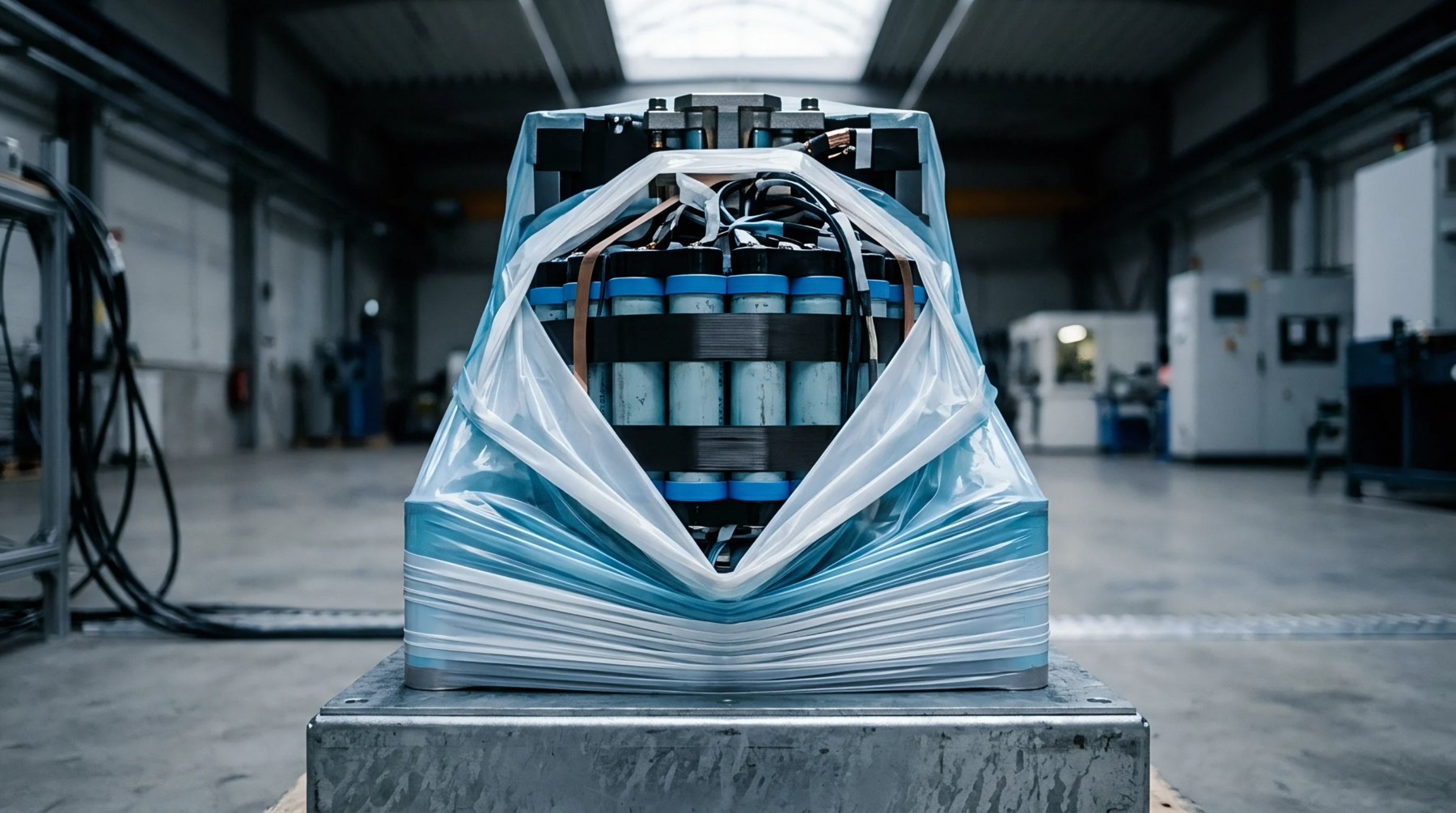 An industrial battery cell assembly rests inside translucent protective plastic packaging atop a metal platform in an empty manufacturing facility.