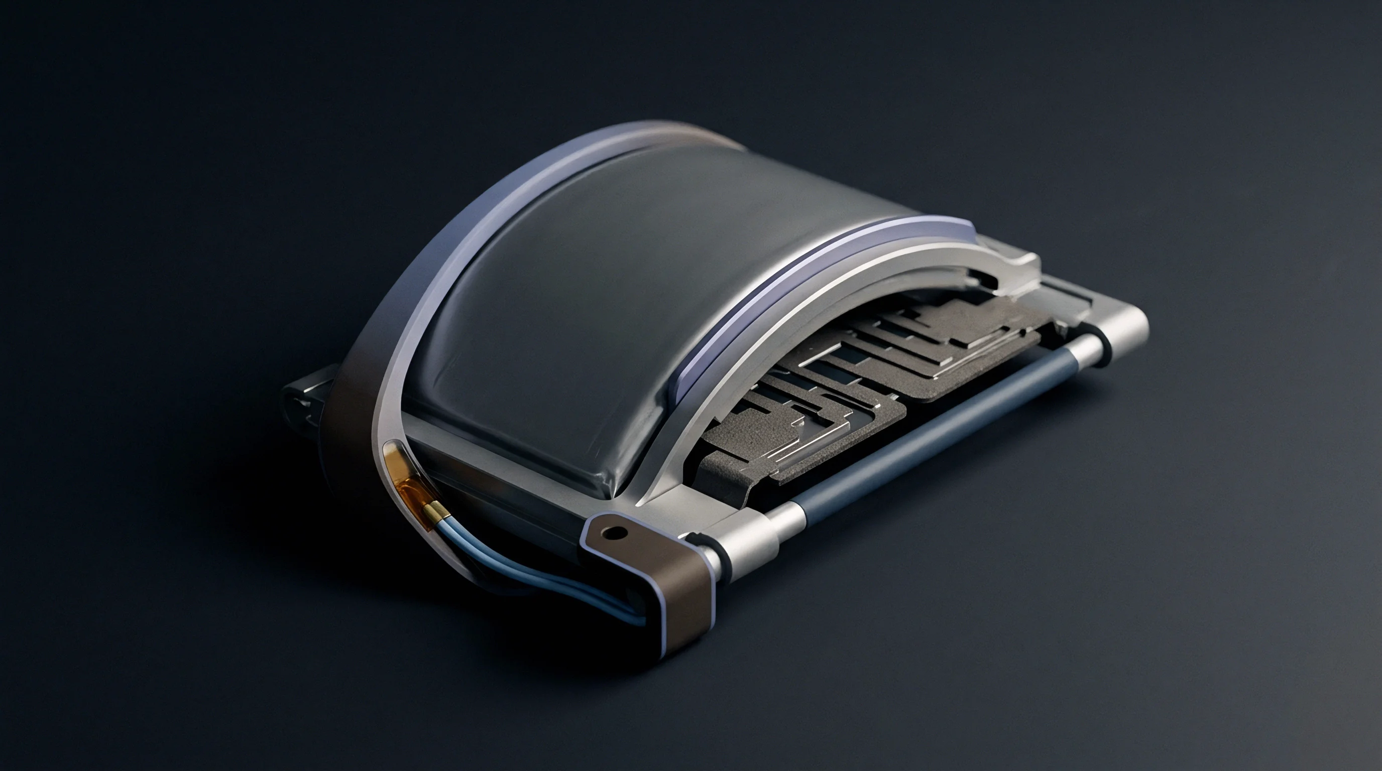 A flexible pouch battery cell module featuring electronic circuit boards and metal framework rests on a dark surface.