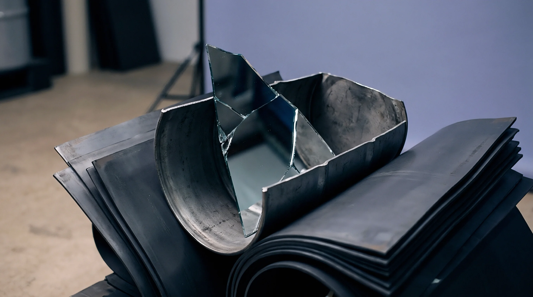 A shard of broken mirror sits inside a rolled stack of flexible black graphite sheets within a controlled laboratory environment.