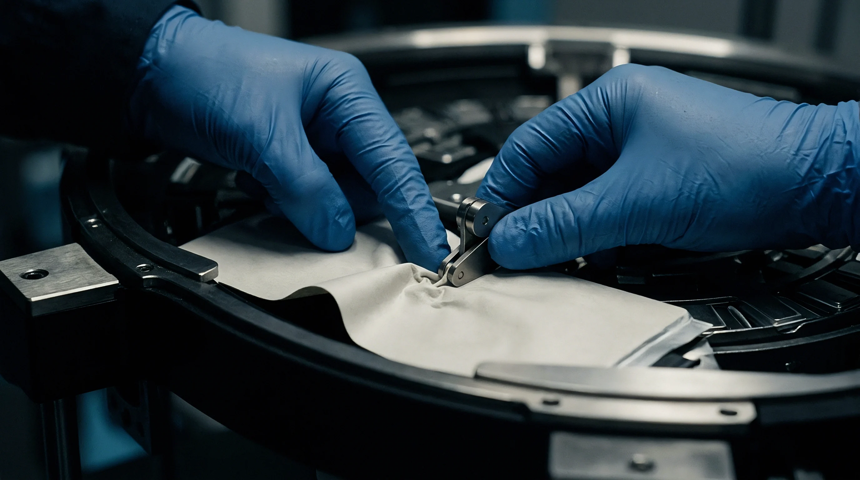 Technicians wearing protective blue nitrile gloves manually position flexible polymer separator sheets inside a high precision lithium ion battery assembly station.