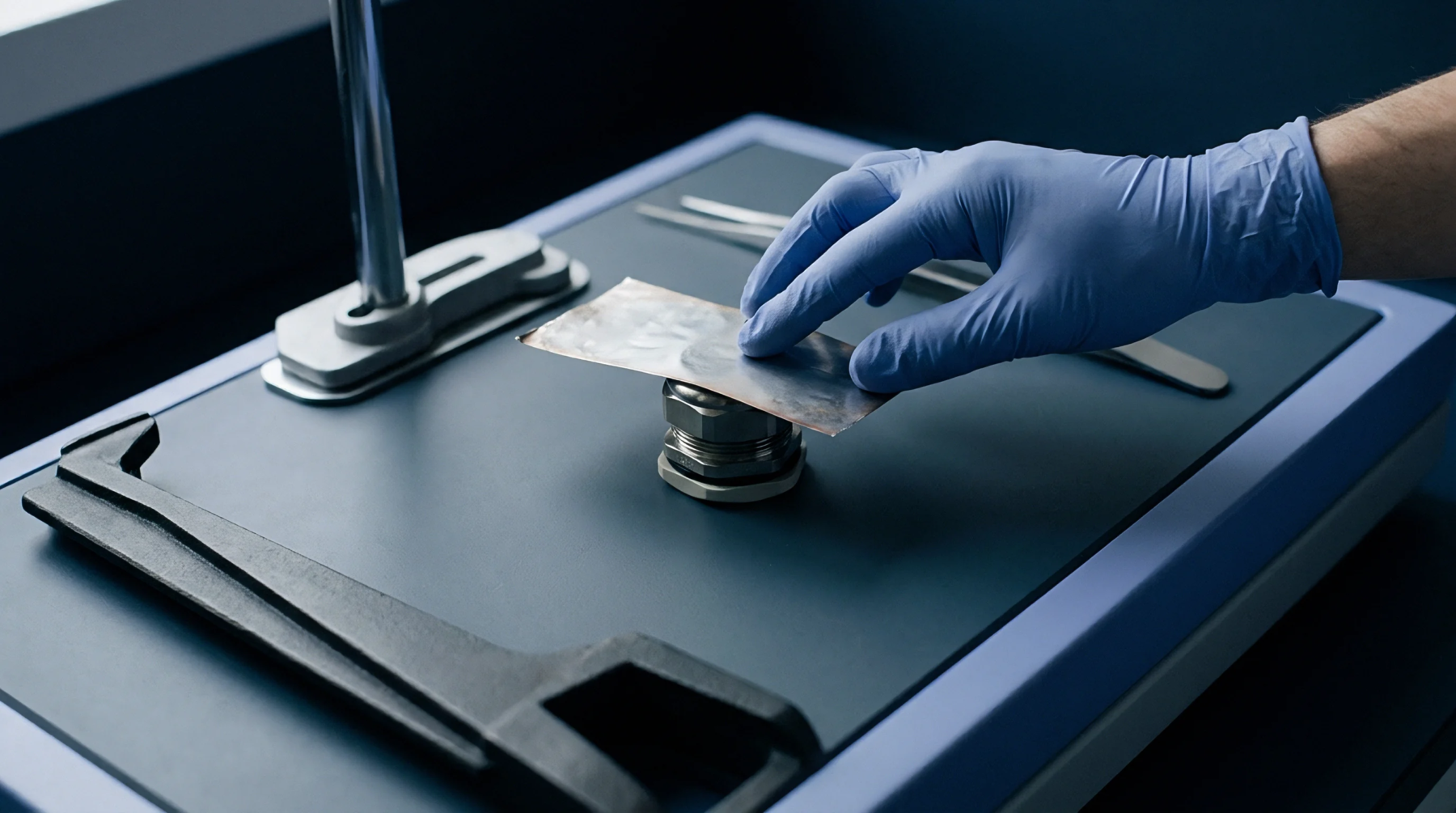 A gloved technician places a thin metallic foil sheet onto a precision testing fixture inside a battery research laboratory.