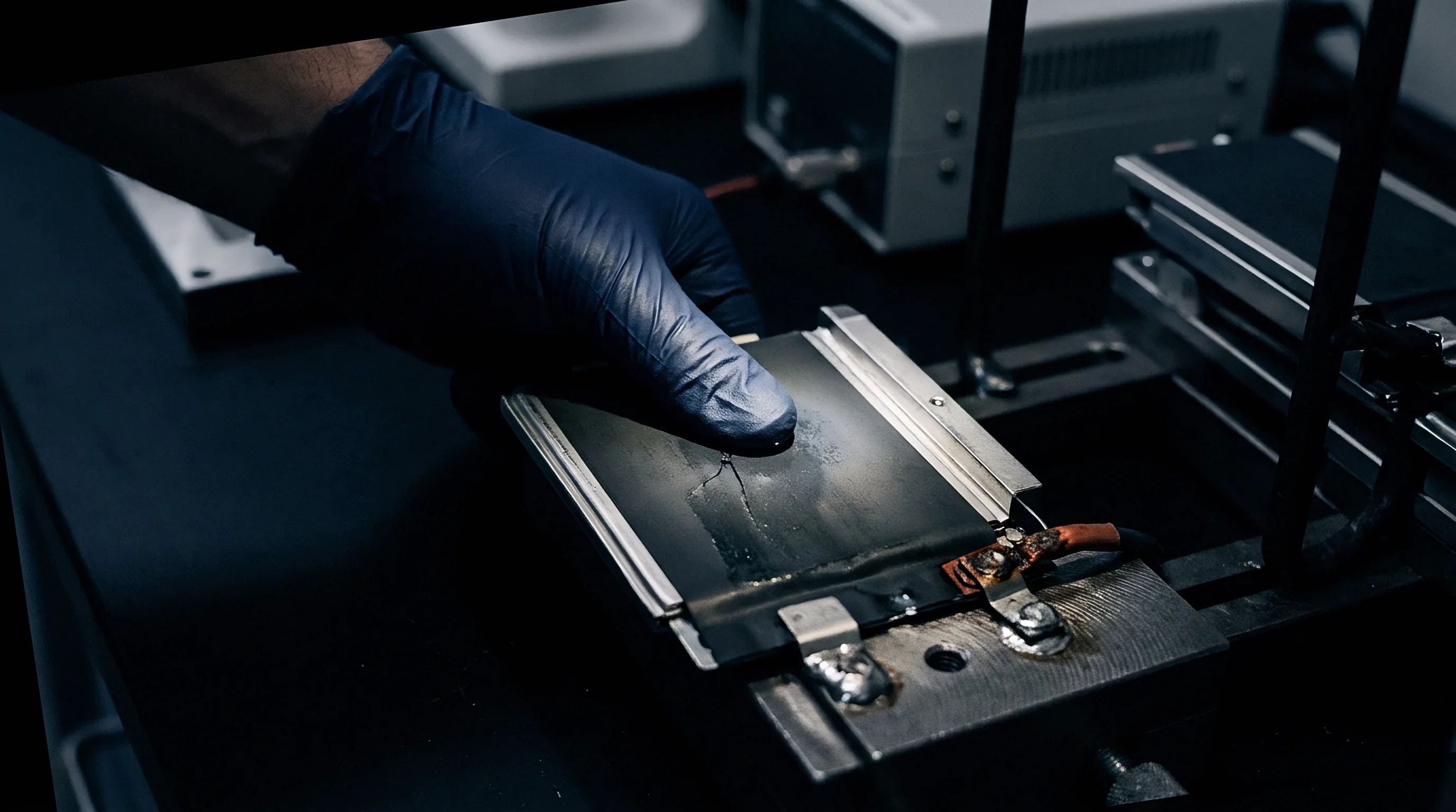 A gloved technician gently presses a flexible lithium ion pouch cell mounted inside a metal testing fixture within a research facility.