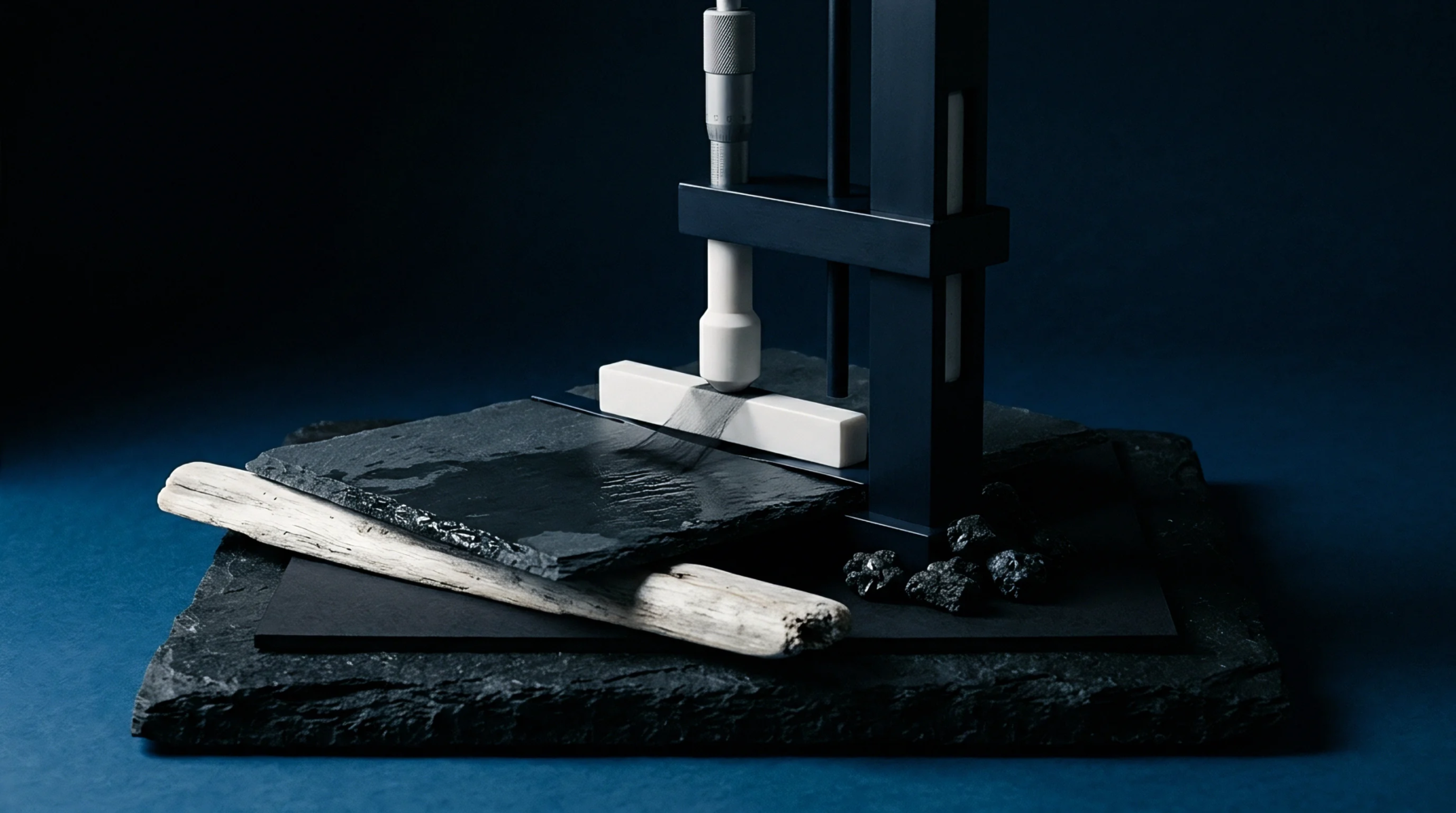 A mechanical testing rig presses onto a white strip over raw carbon material and dark slate within a laboratory environment dedicated to energy storage.