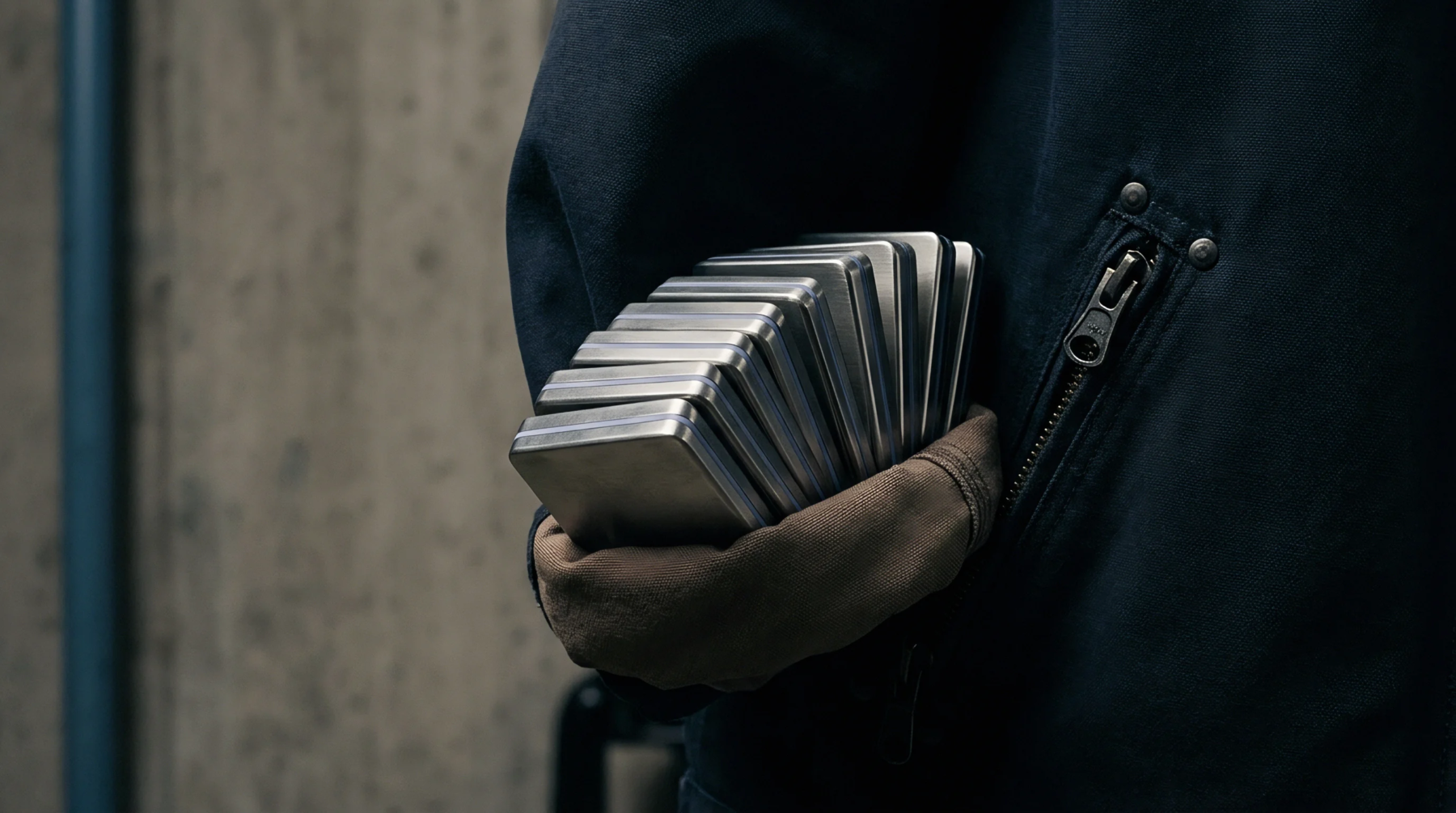 A person wearing a dark protective jacket holds a fan of rectangular metallic prismatic battery cells in a gloved hand.
