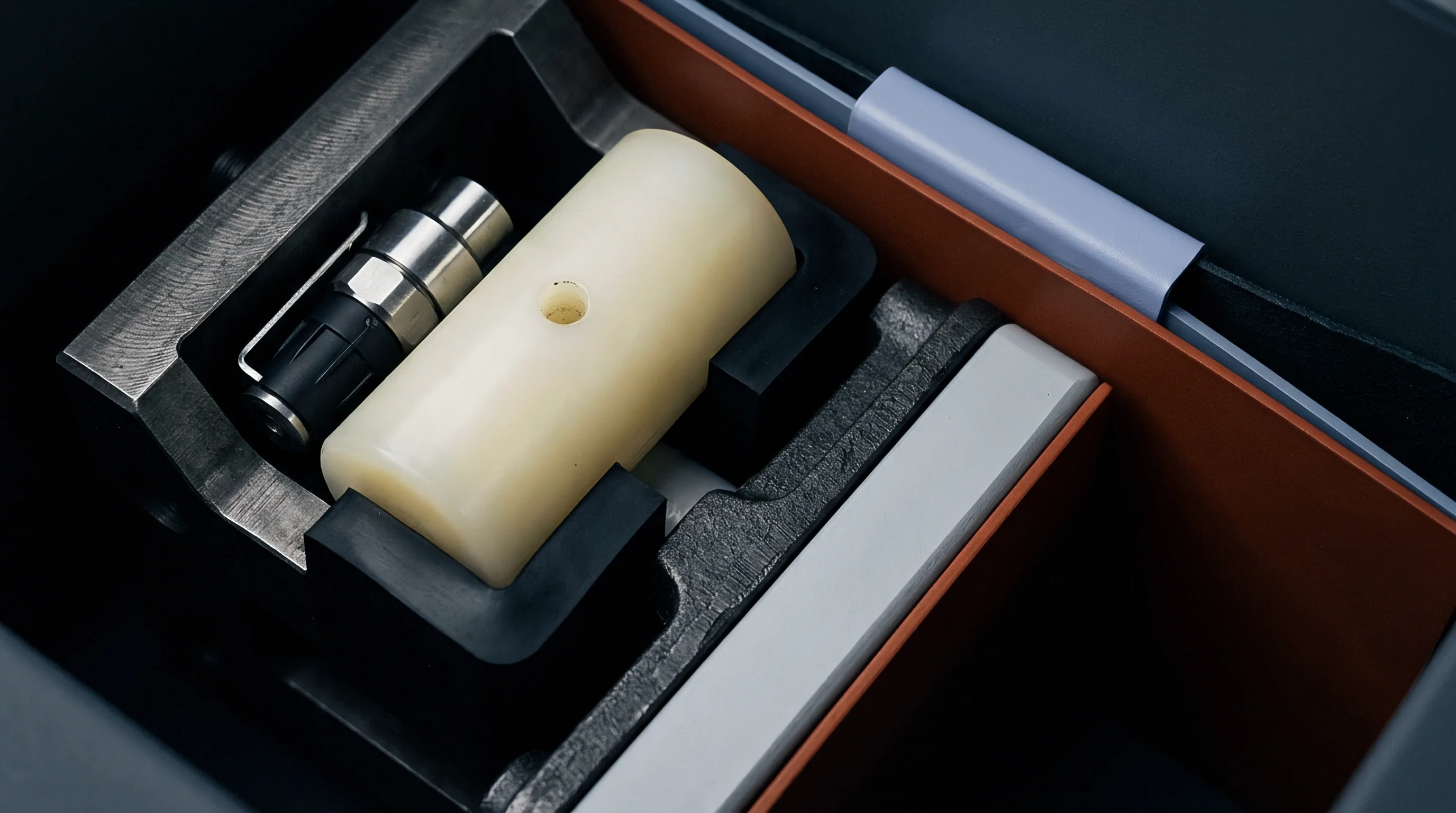 A cylindrical cream material rests securely within black molded supports adjacent to a metal connector and rectangular dividers in a dark compartment.